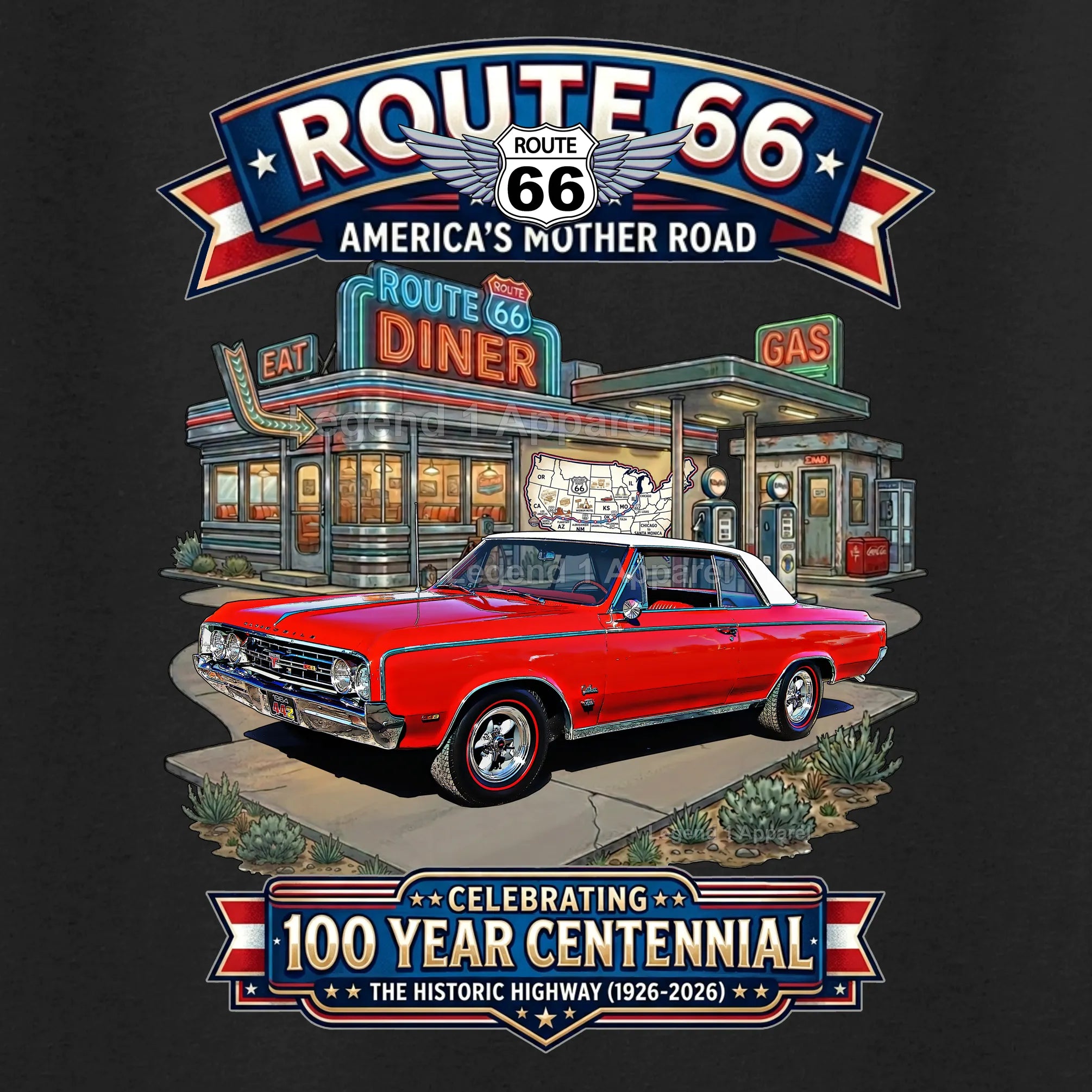 1964 Oldsmobile Cutlass 442 Classic Car Graphic Tee – Route 66 Centennial T-Shirt