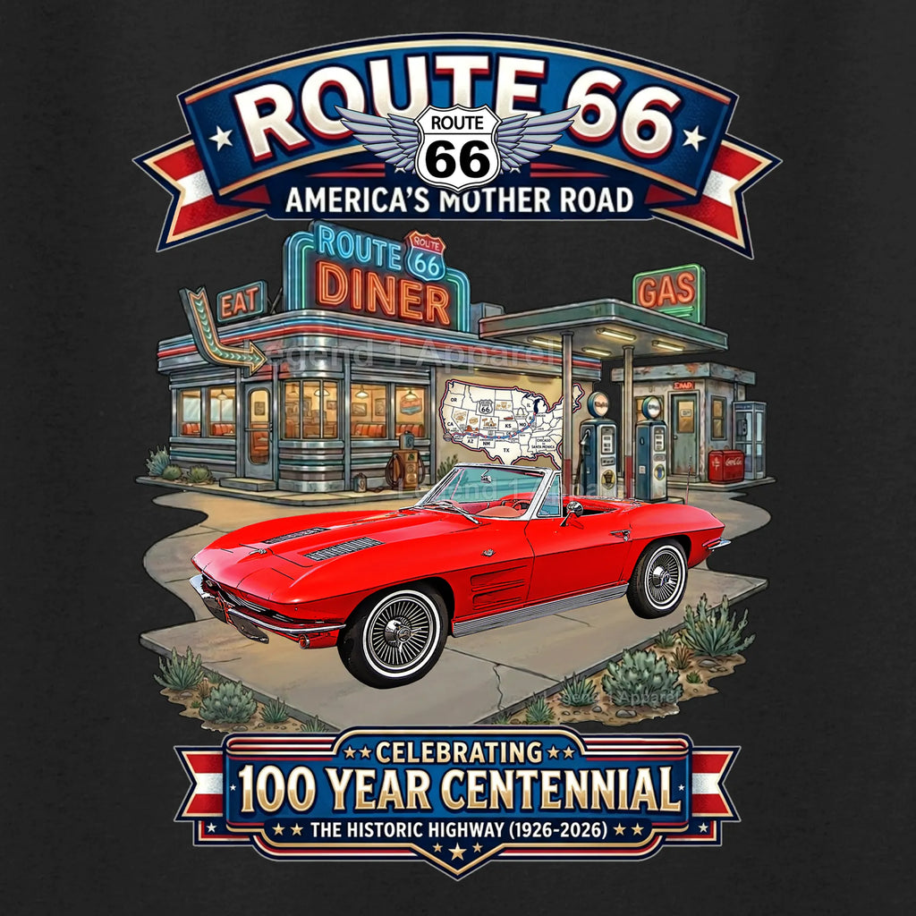 1963 Chevrolet Corvette C2 Classic Car Graphic Tee – Route 66 Centennial T-Shirt