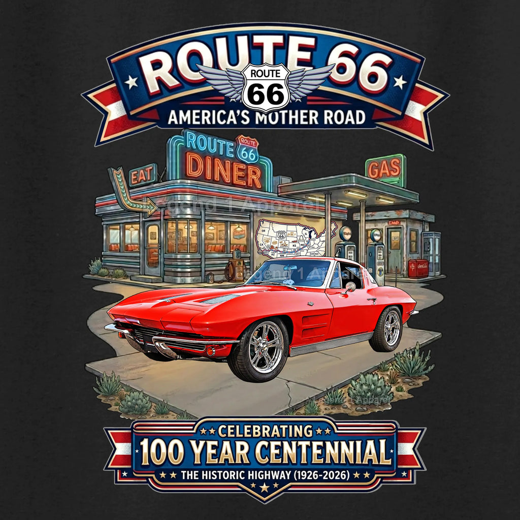 1963 Chevrolet Corvette C2 Classic Car Graphic Tee – Route 66 Centennial T-Shirt