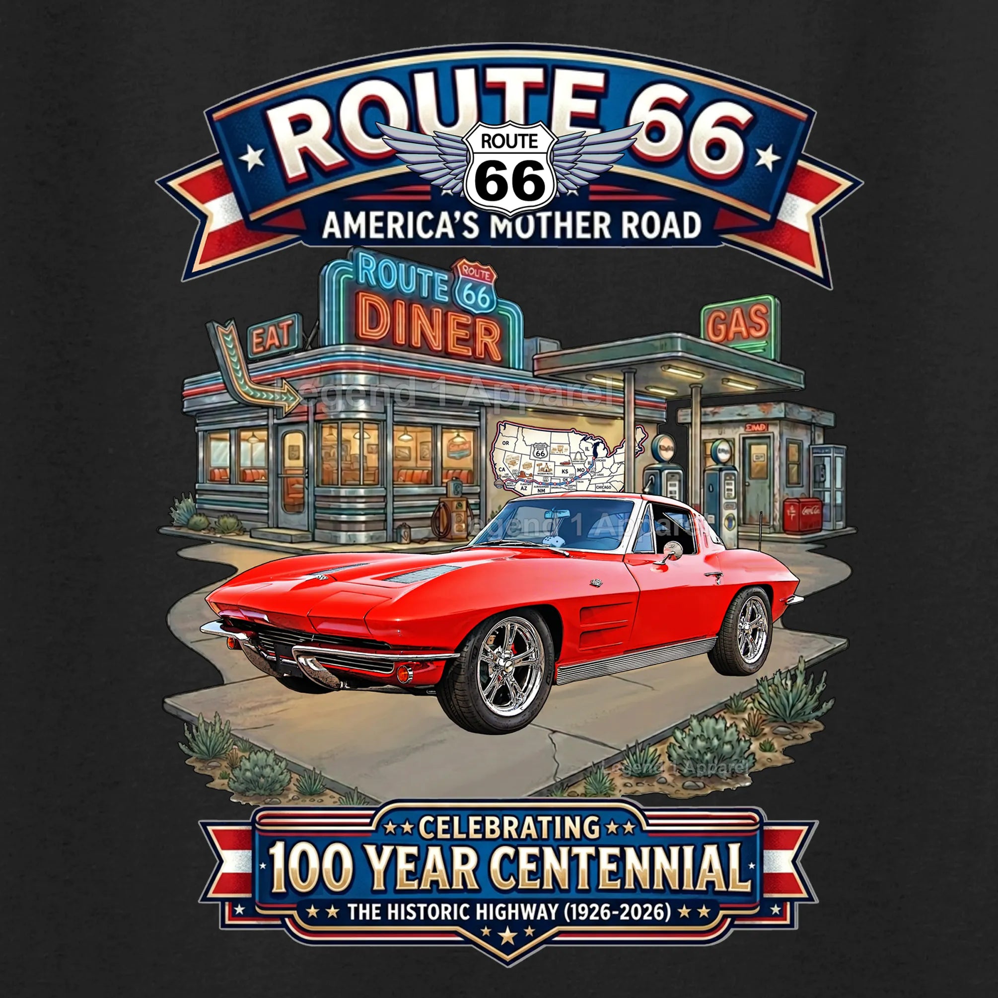 1963 Chevrolet Corvette C2 Classic Car Graphic Tee – Route 66 Centennial T-Shirt