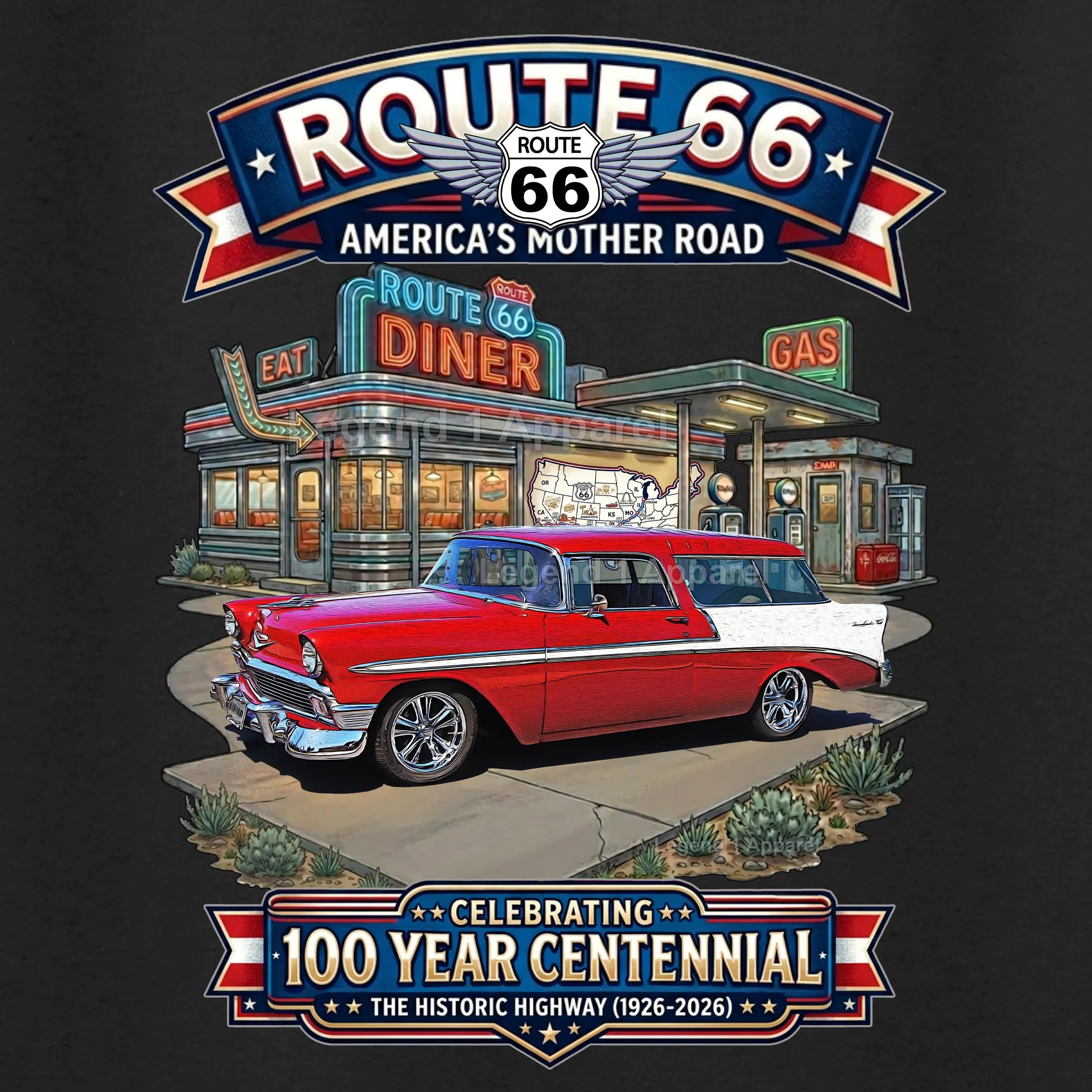 1956 Chevrolet Nomad Bel Air Classic Car Graphic Tee – Route 66 Centennial T-Shirt