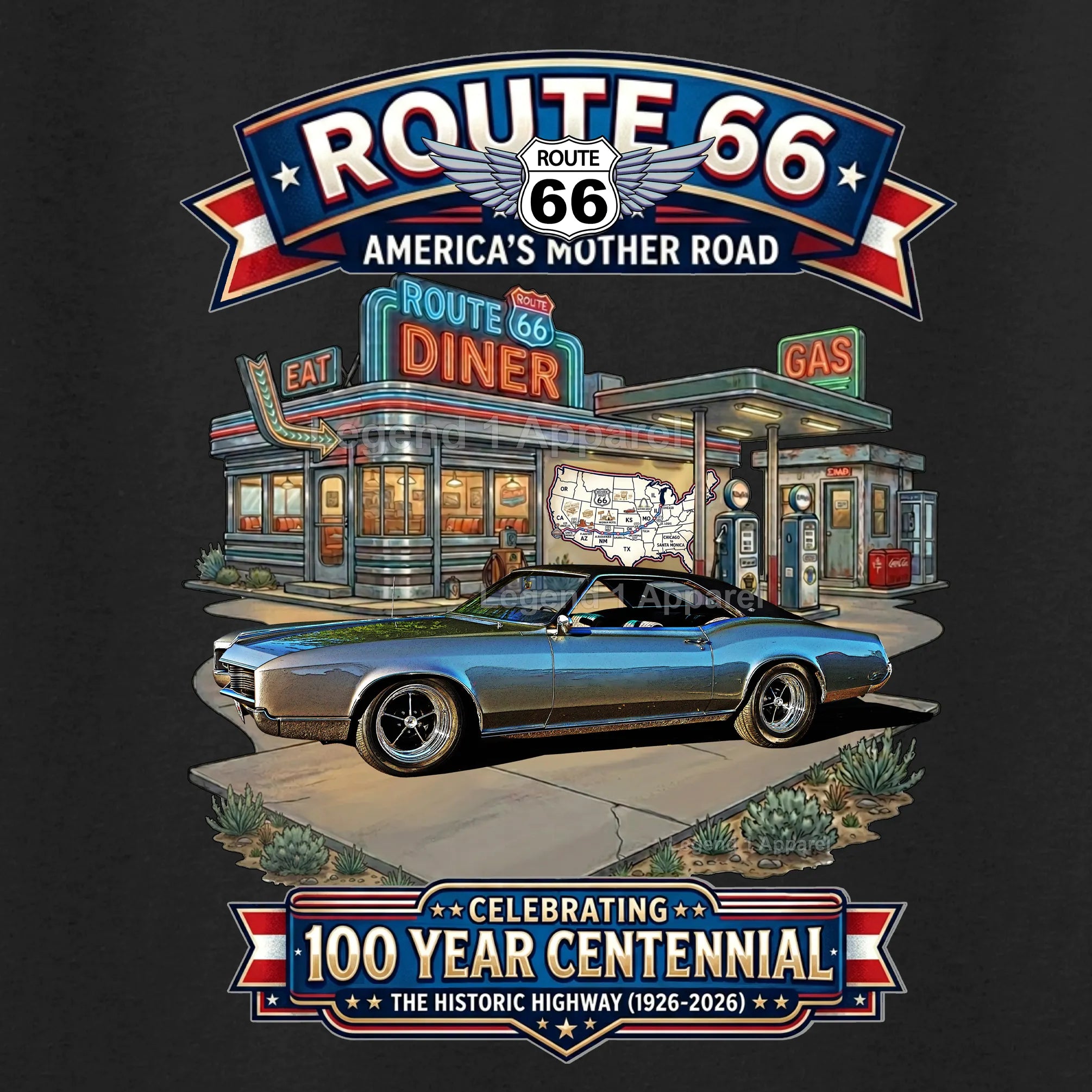 1967 Buick Riviera Classic Car Graphic Tee – Route 66 Centennial T-Shirt