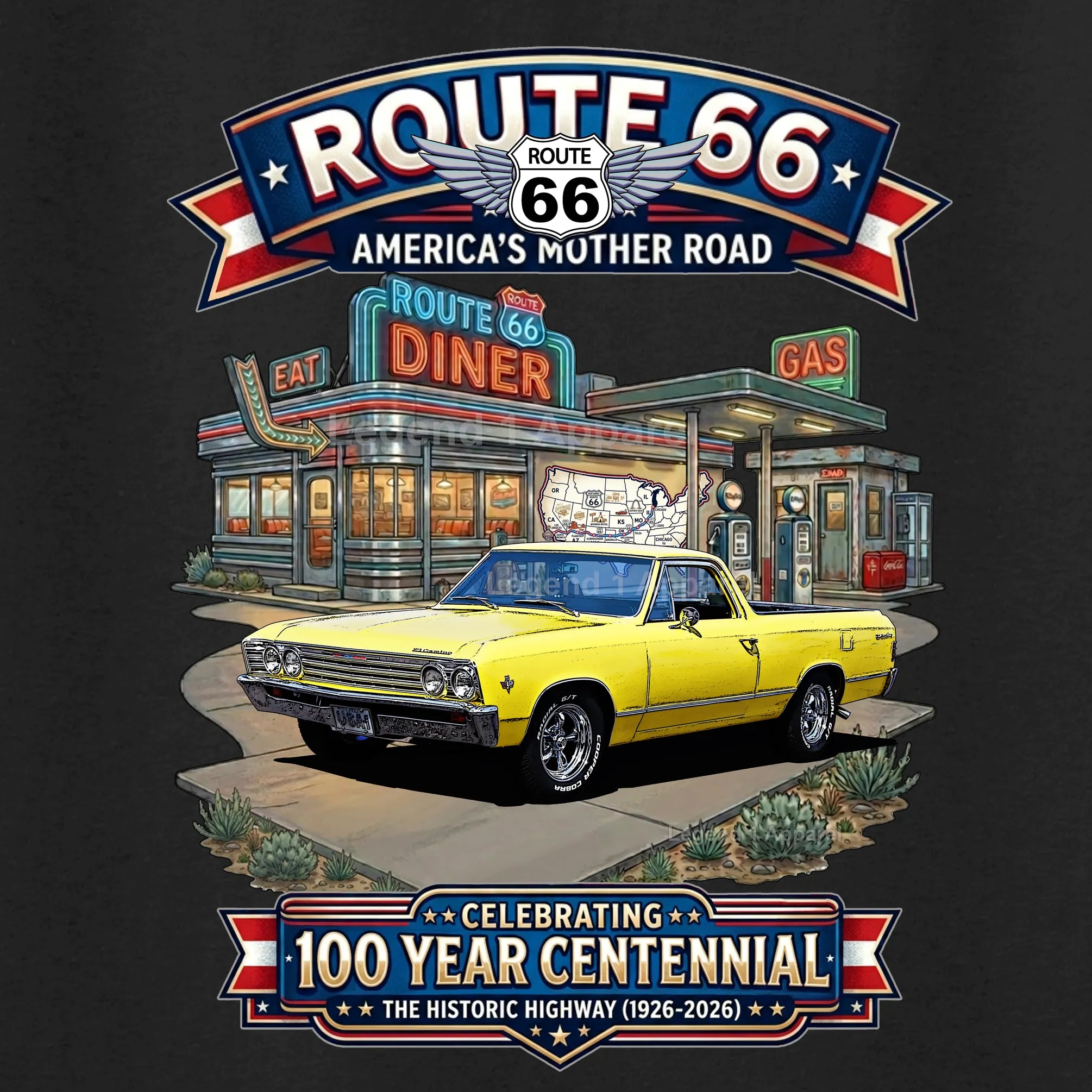 1967 Chevrolet El Camino Classic Truck Graphic Tee – Route 66 Centennial T-Shirt