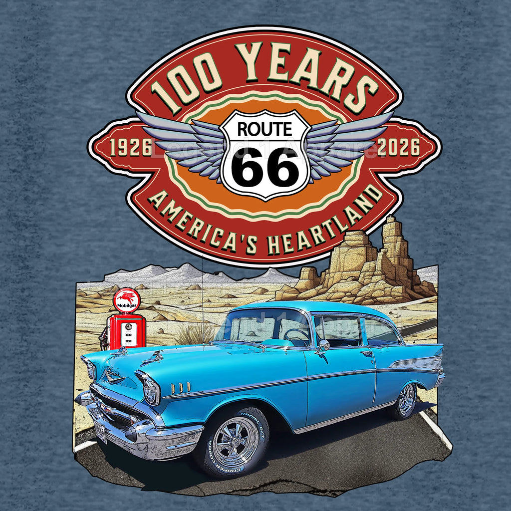 1957 Chevrolet Bel Air Coupe Classic Car Graphic Tee – Route 66 100 Years T-Shirt