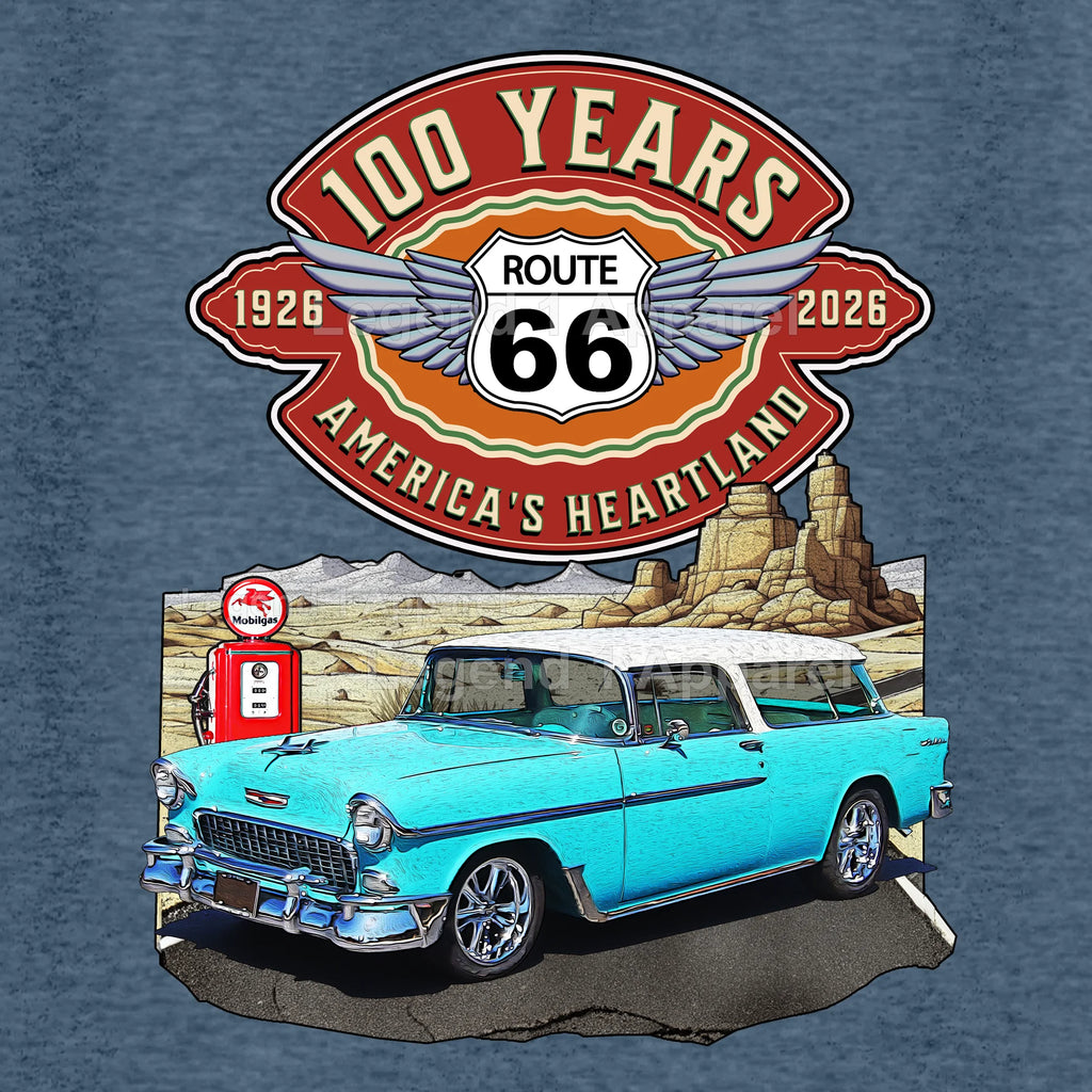 1955 Chevrolet Bel Air Nomad Classic Car Graphic Tee – Route 66 100 Years T-Shirt