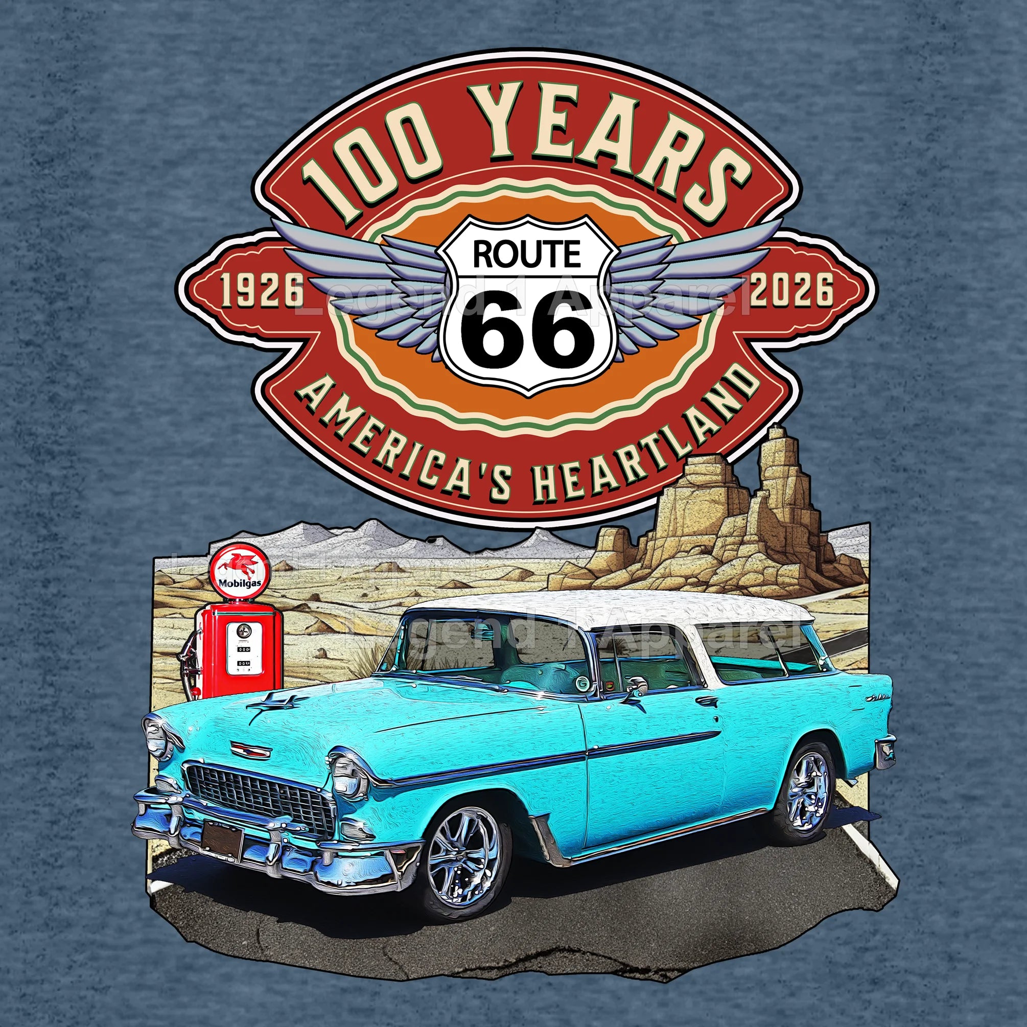 1955 Chevrolet Bel Air Nomad Classic Car Graphic Tee – Route 66 100 Years T-Shirt
