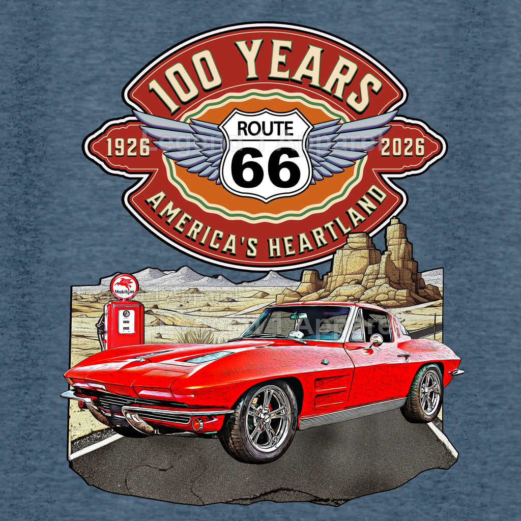 1963 Chevrolet Corvette C2 Classic Car Graphic Tee – Route 66 100 Years T-Shirt