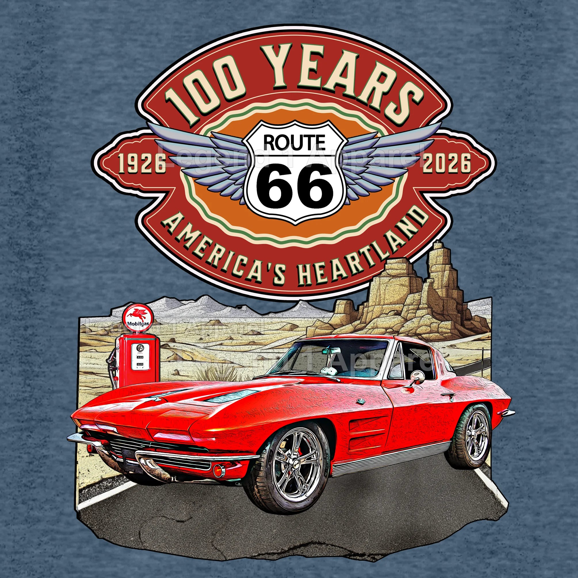 1963 Chevrolet Corvette C2 Classic Car Graphic Tee – Route 66 100 Years T-Shirt
