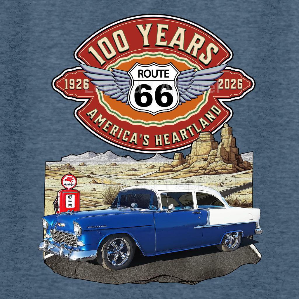1955 Chevrolet Bel Air Coupe Classic Car Graphic Tee – Route 66 100 Years T-Shirt
