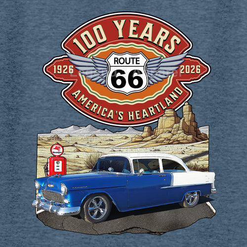 1955 Chevrolet Bel Air Coupe Classic Car Graphic Tee – Route 66 100 Years T-Shirt