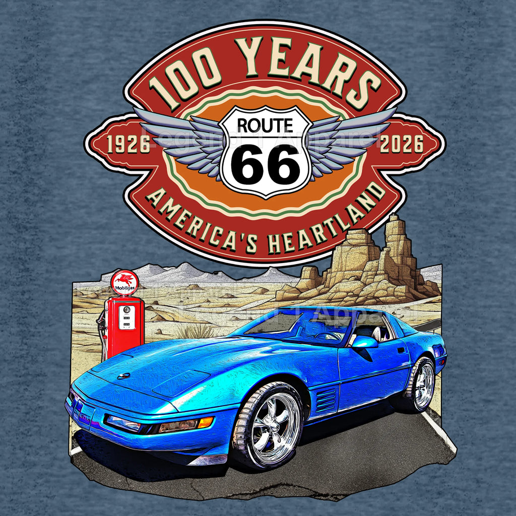 1992 Chevrolet Corvette C4 Classic Car Graphic Tee – Route 66 100 Years T-Shirt