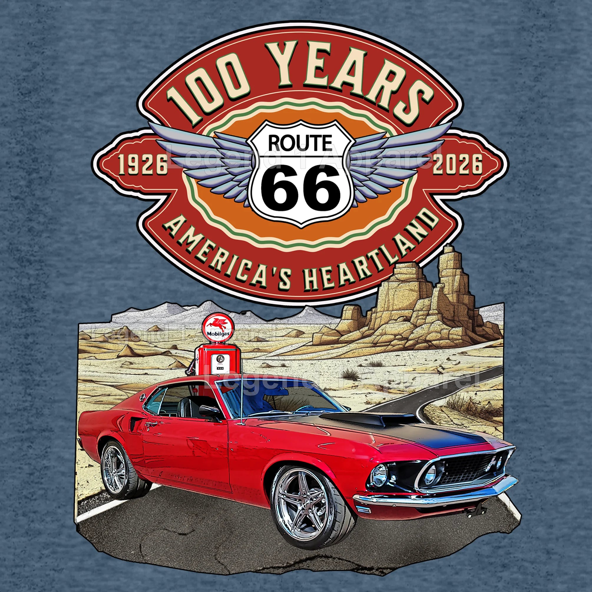 1969 Ford Mustang Fastback Classic Car Graphic Tee – Route 66 100 Years T-Shirt