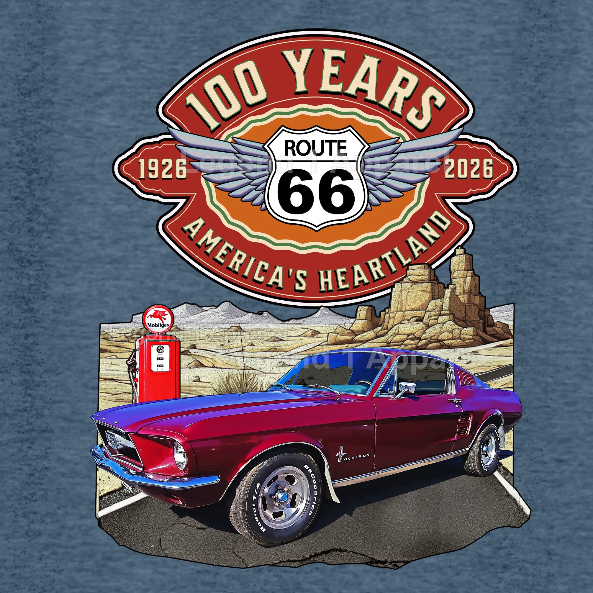 1967 Ford Mustang Fastback Classic Car Graphic Tee – Route 66 100 Years T-Shirt