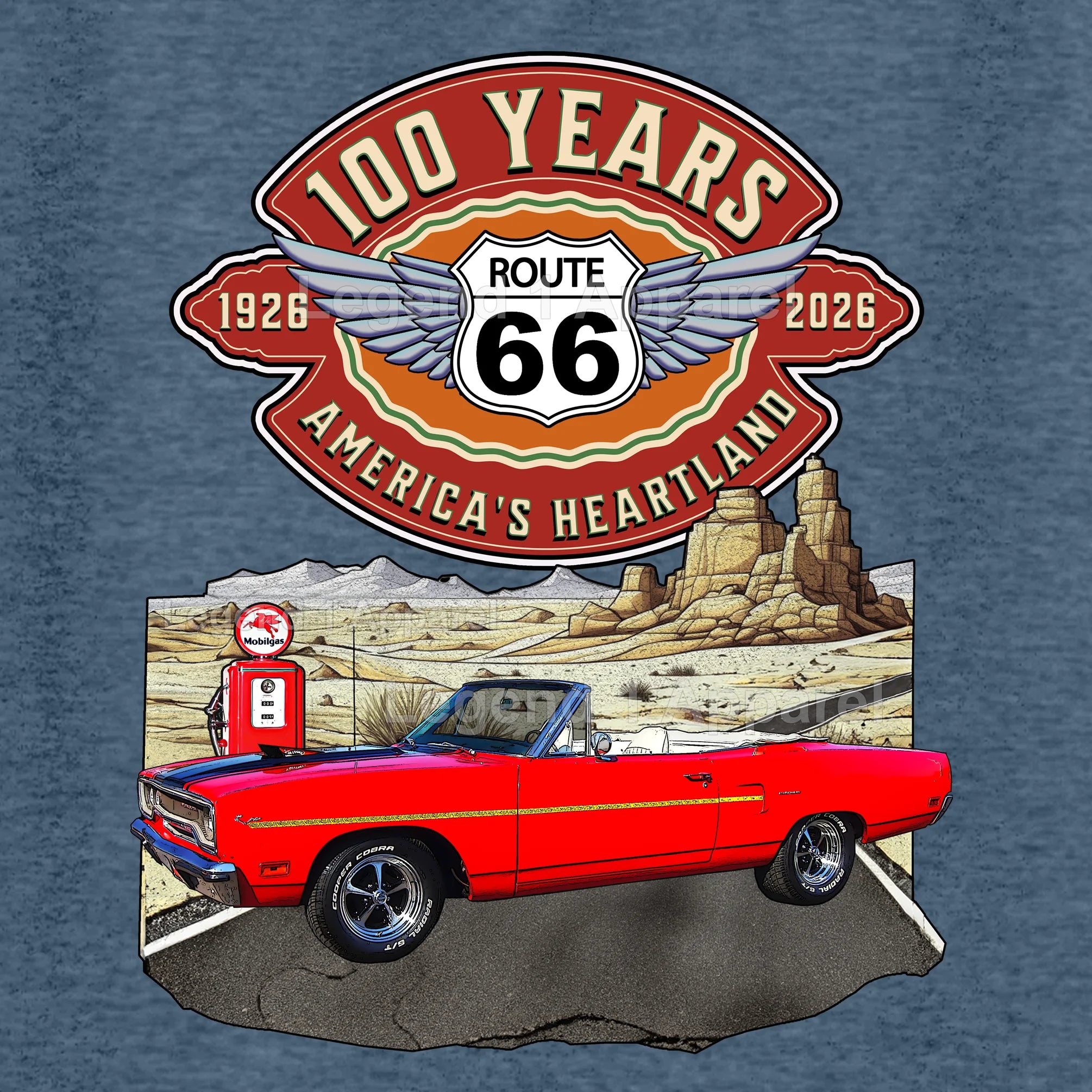 1970 Plymouth RoadRunner Classic Car Graphic Tee – Route 66 100 Years T-Shirt