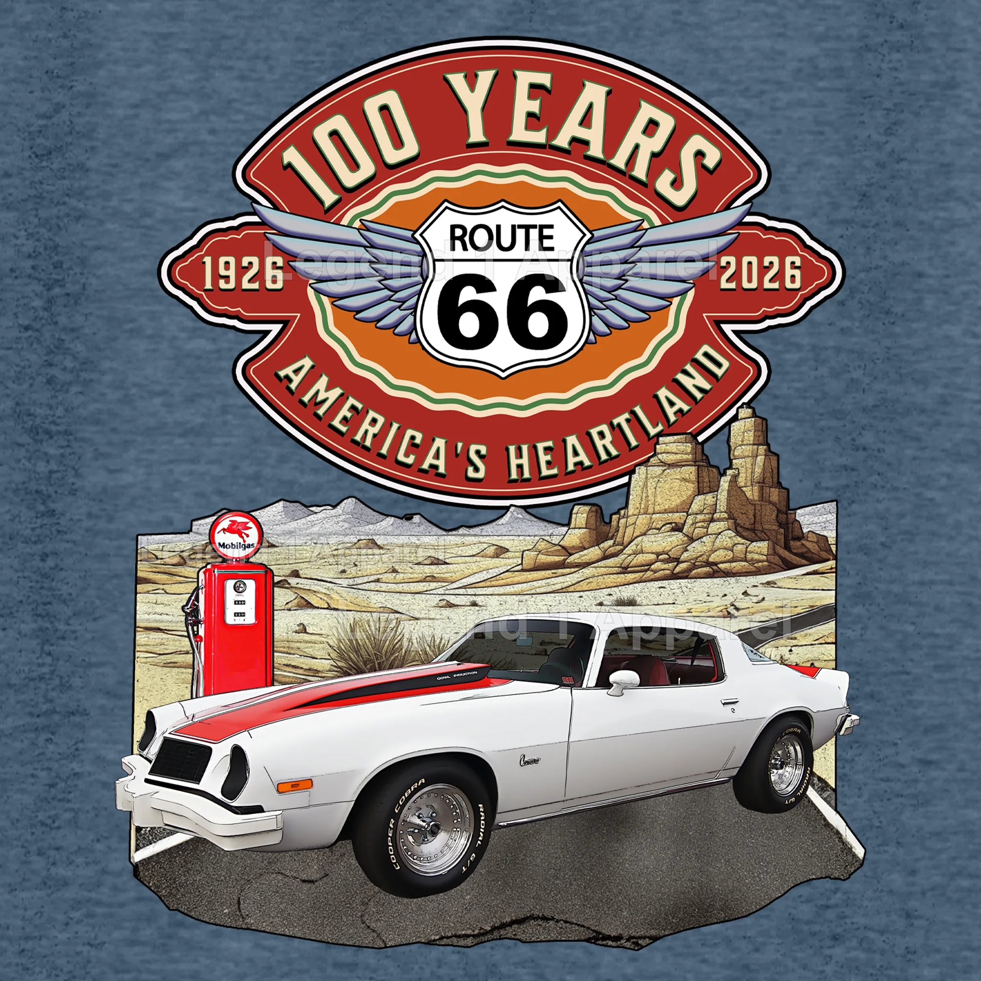 1976 Chevrolet Camaro Classic Car Graphic Tee – Route 66 100 Years T-Shirt