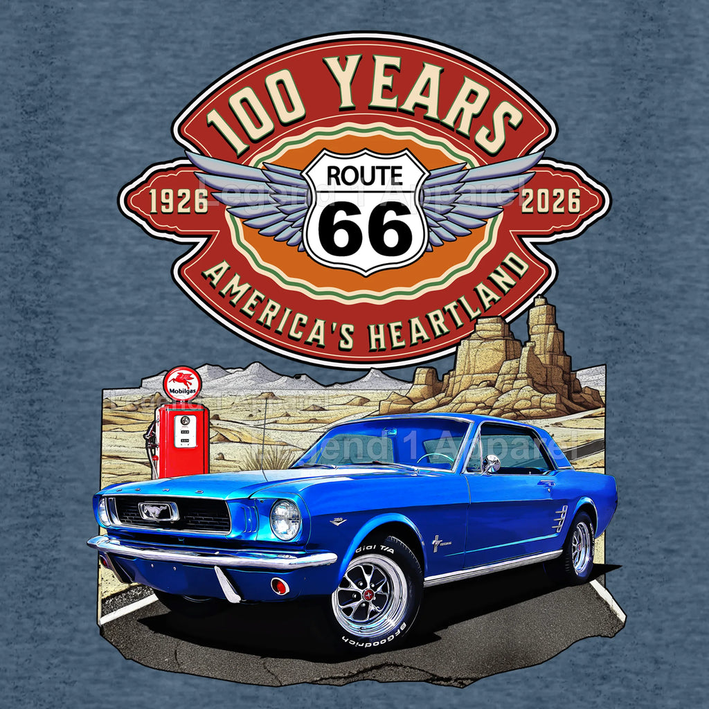 1966 Ford Mustang Hardtop Classic Car Graphic Tee – Route 66 100 Years T-Shirt