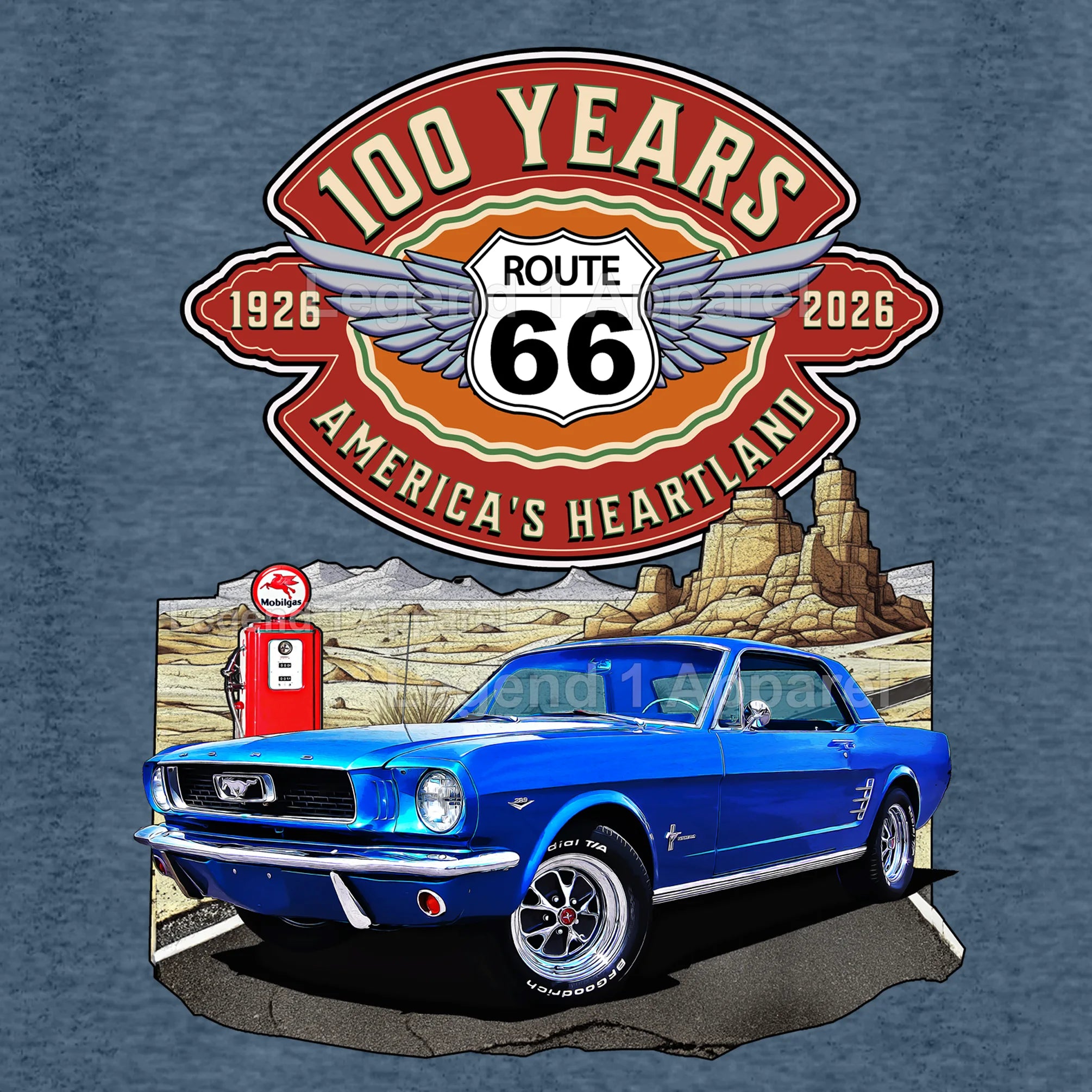 1966 Ford Mustang Hardtop Classic Car Graphic Tee – Route 66 100 Years T-Shirt