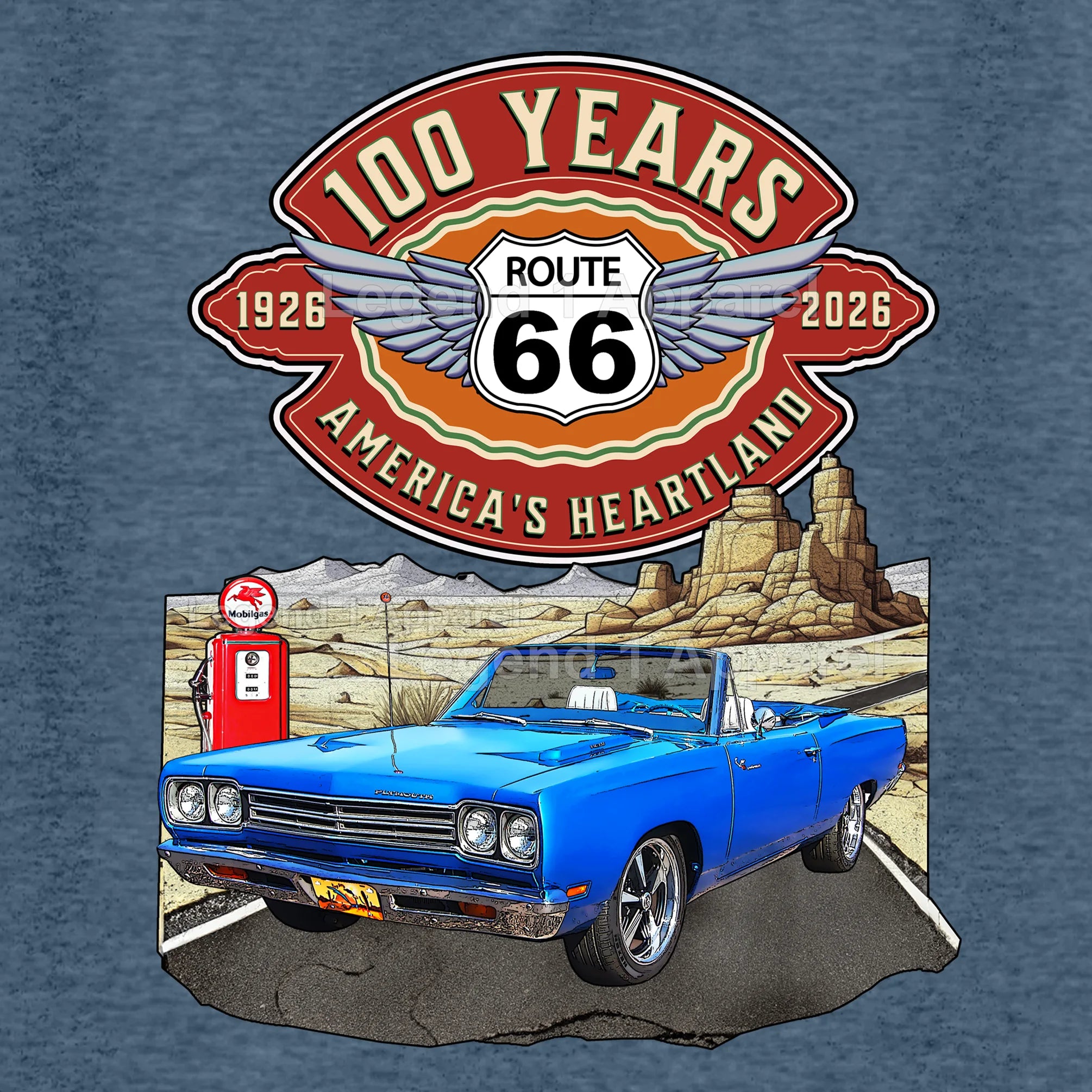 1969 Plymouth RoadRunner Classic Car Graphic Tee – Route 66 100 Years T-Shirt
