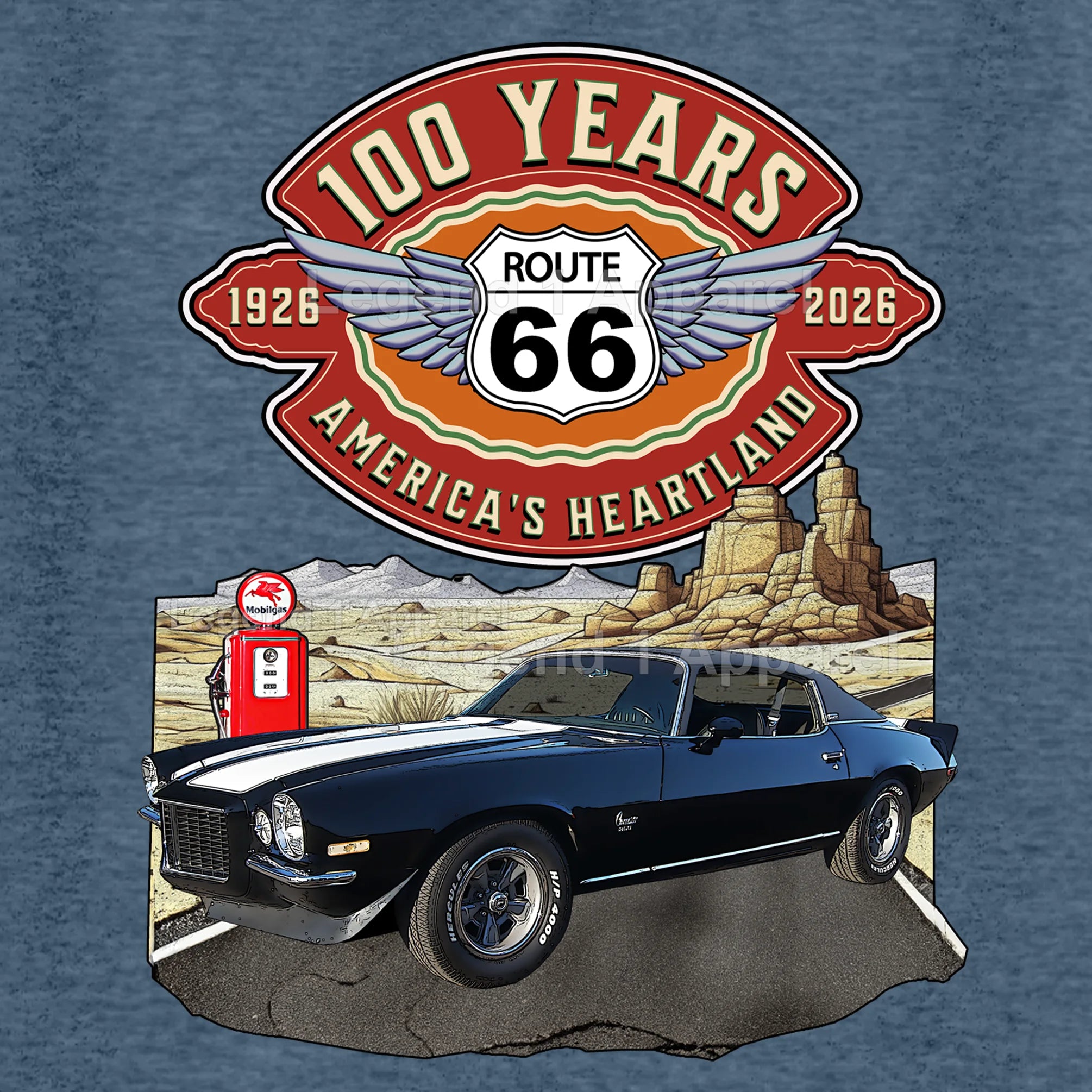 1973 Chevrolet Camaro Classic Car Graphic Tee – Route 66 100 Years T-Shirt