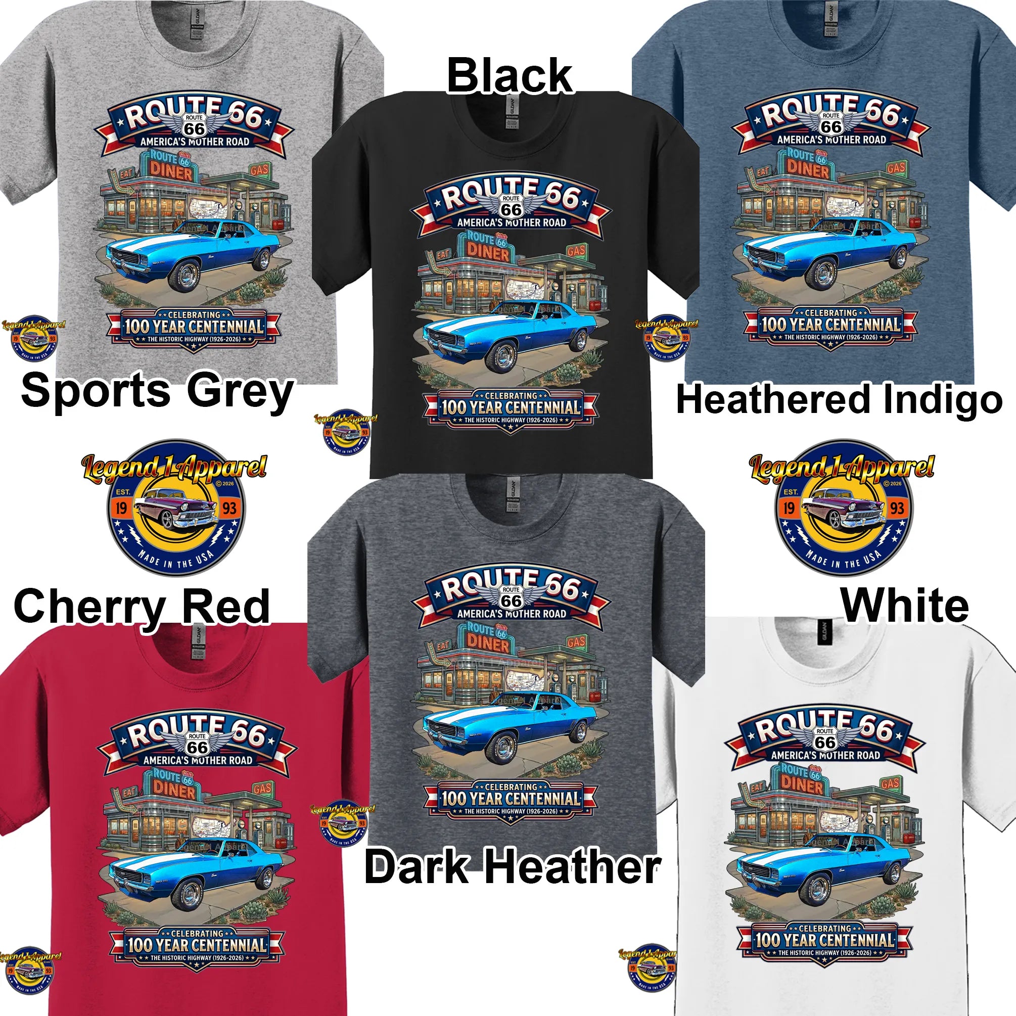 1969 Chevrolet Camaro Classic Car Graphic Tee – Route 66 Centennial T-Shirt