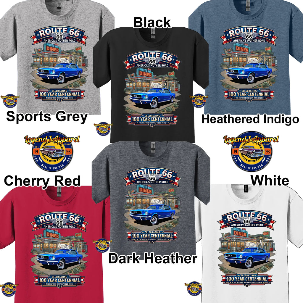 1966 Ford Mustang Hardtop Classic Car Graphic Tee – Route 66 Centennial T-Shirt