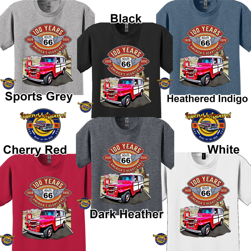 1957 Willys Wagon Classic Truck Graphic Tee – Route 66 100 Years T-Shirt