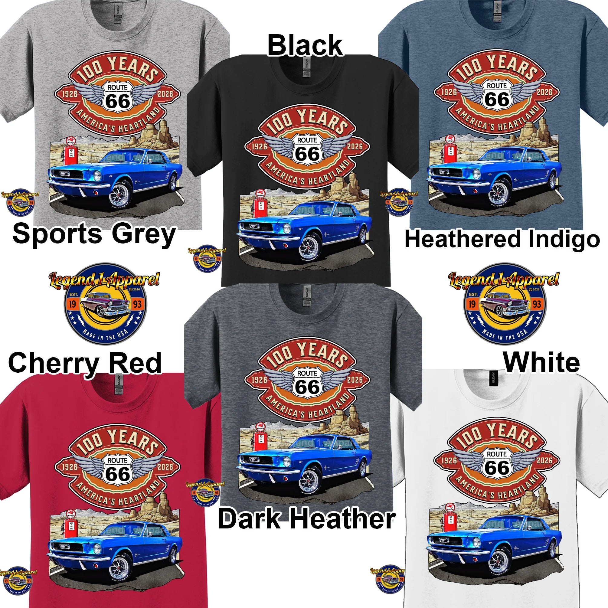 1966 Ford Mustang Hardtop Classic Car Graphic Tee – Route 66 100 Years T-Shirt