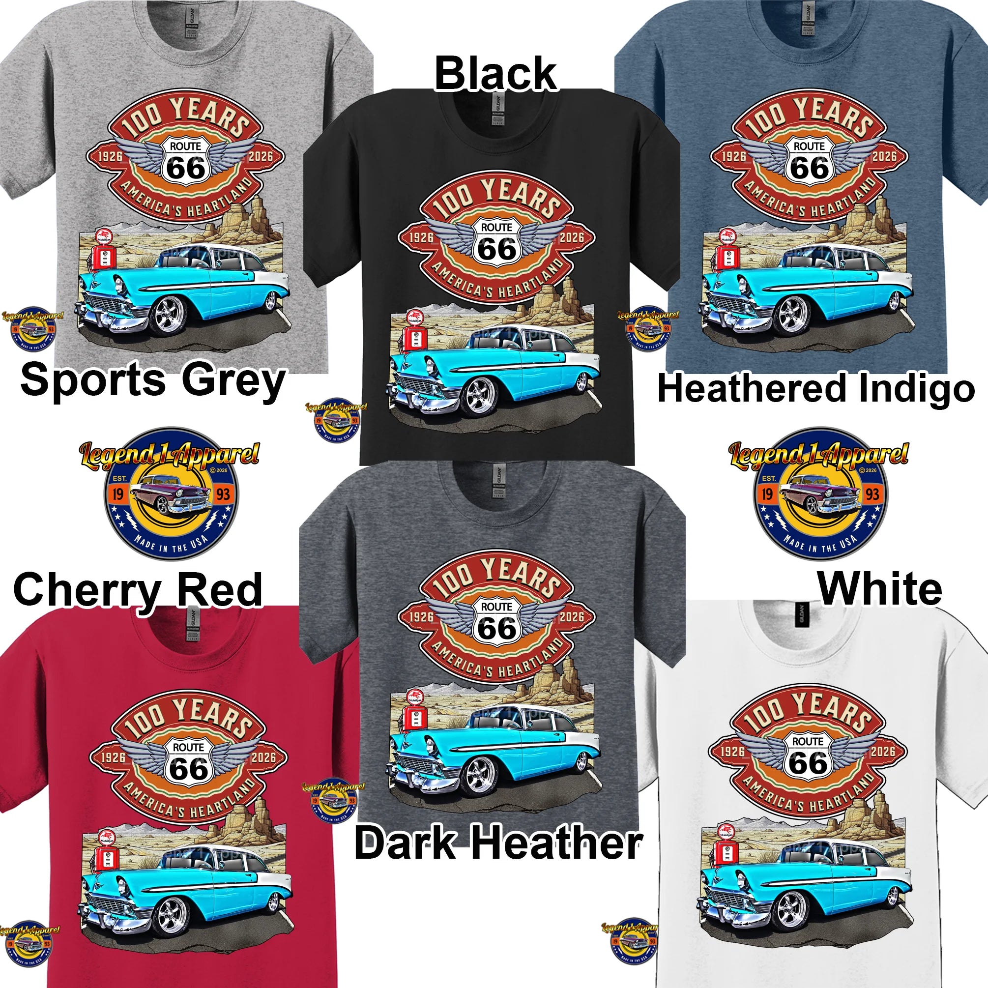 1956 Chevrolet Bel Air Coupe Classic Car Graphic Tee – Route 66 100 Years T-Shirt