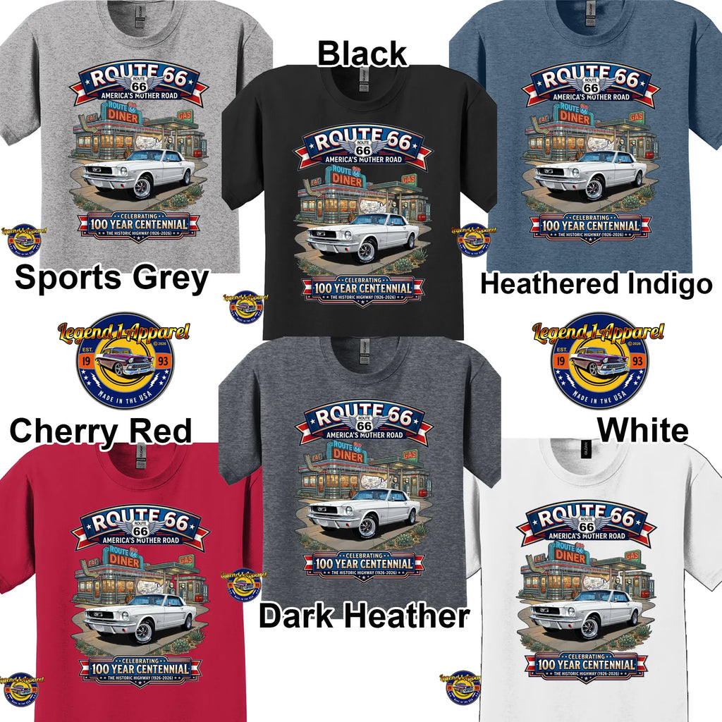 1966 Ford Mustang Hardtop Classic Car Graphic Tee – Route 66 Centennial T-Shirt
