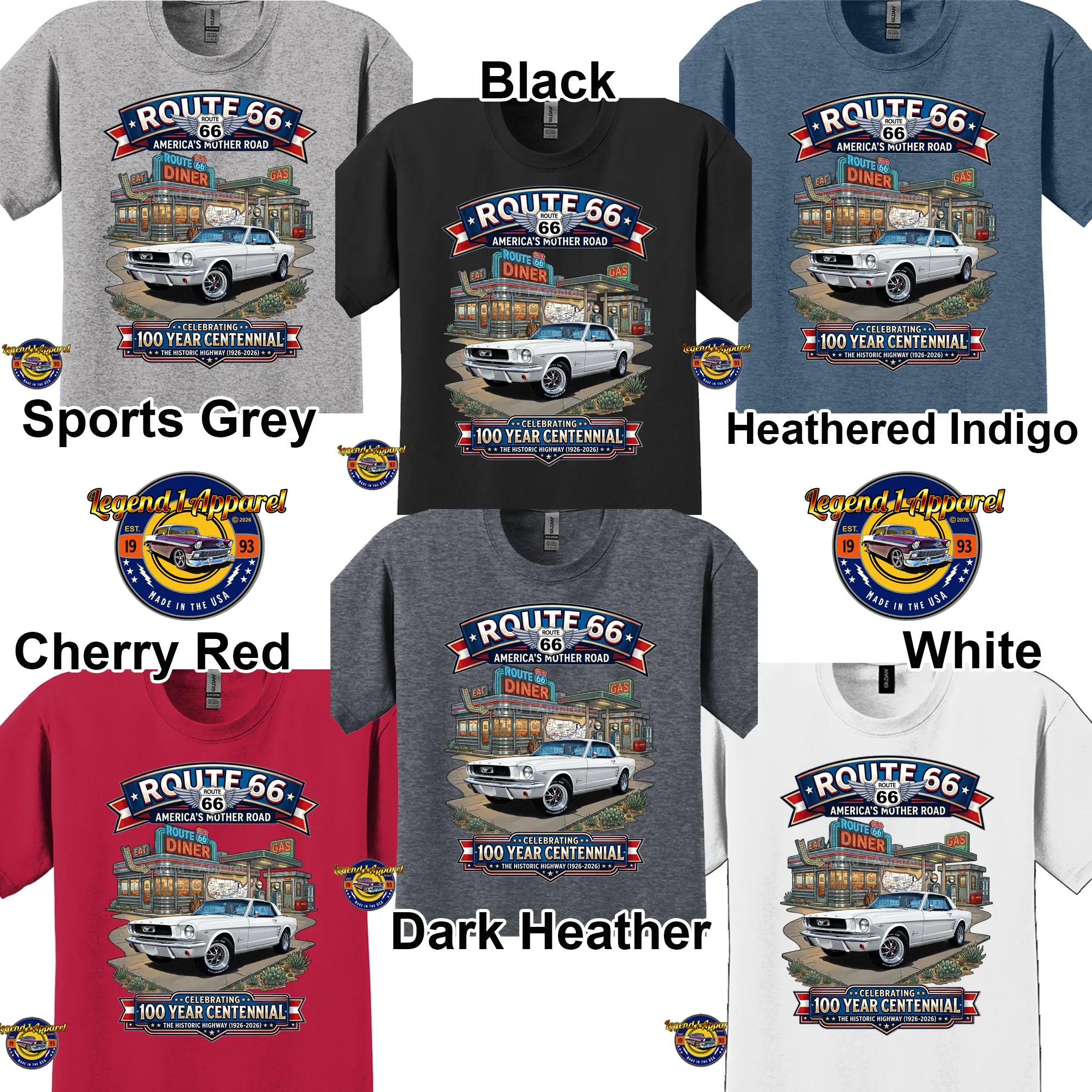 1966 Ford Mustang Hardtop Classic Car Graphic Tee – Route 66 Centennial T-Shirt