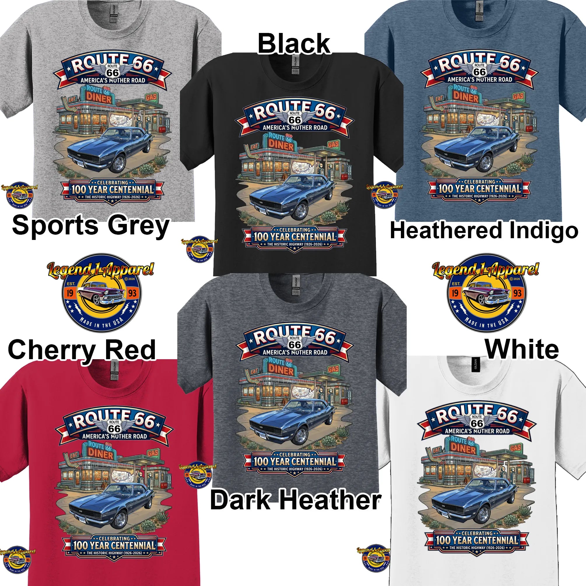 1968 Chevrolet Camaro Classic Car Graphic Tee – Route 66 Centennial T-Shirt