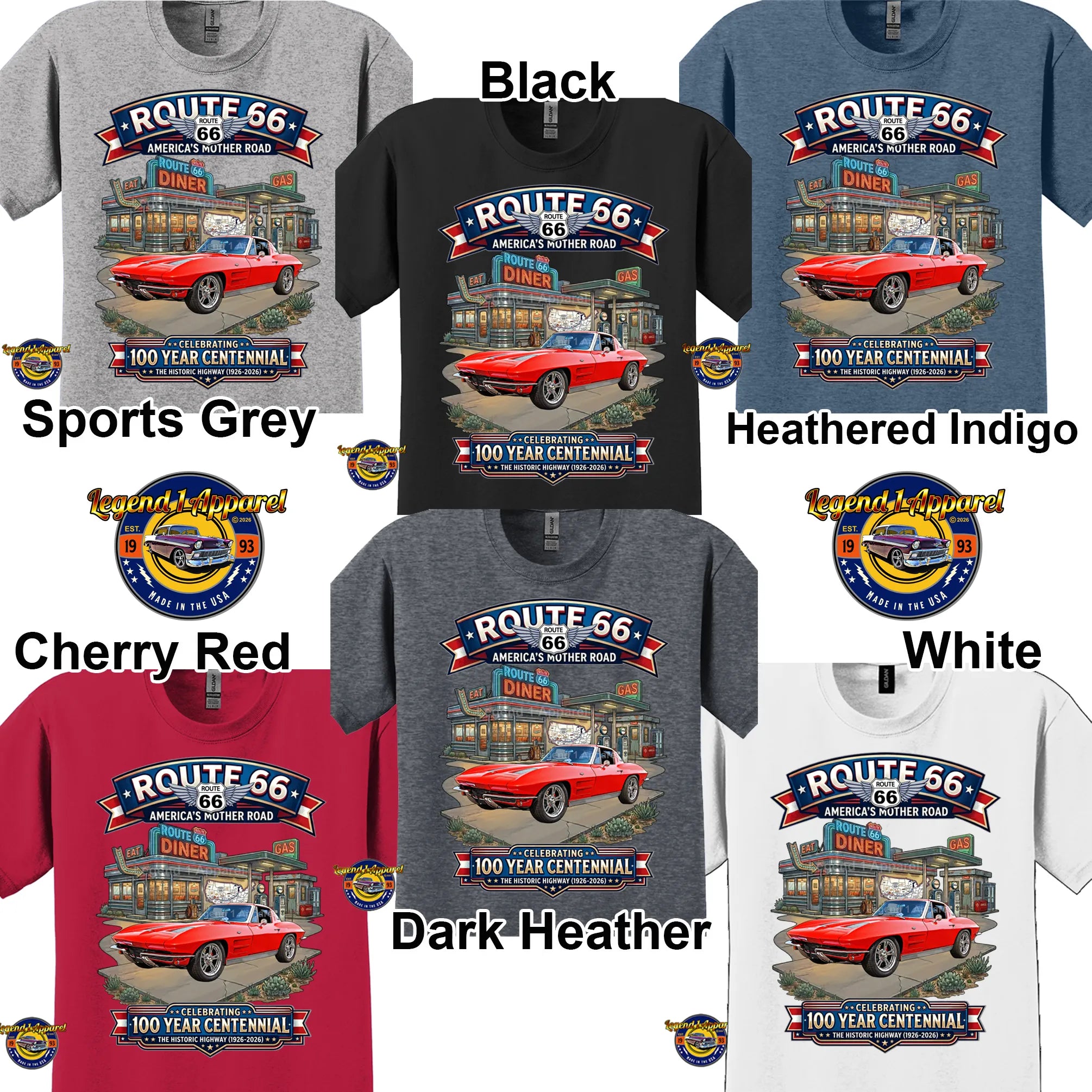 1963 Chevrolet Corvette C2 Classic Car Graphic Tee – Route 66 Centennial T-Shirt