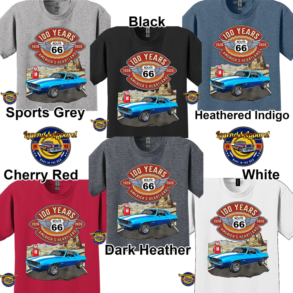 1969 Chevrolet Camaro Classic Car Graphic Tee – Route 66 100 Years T-Shirt