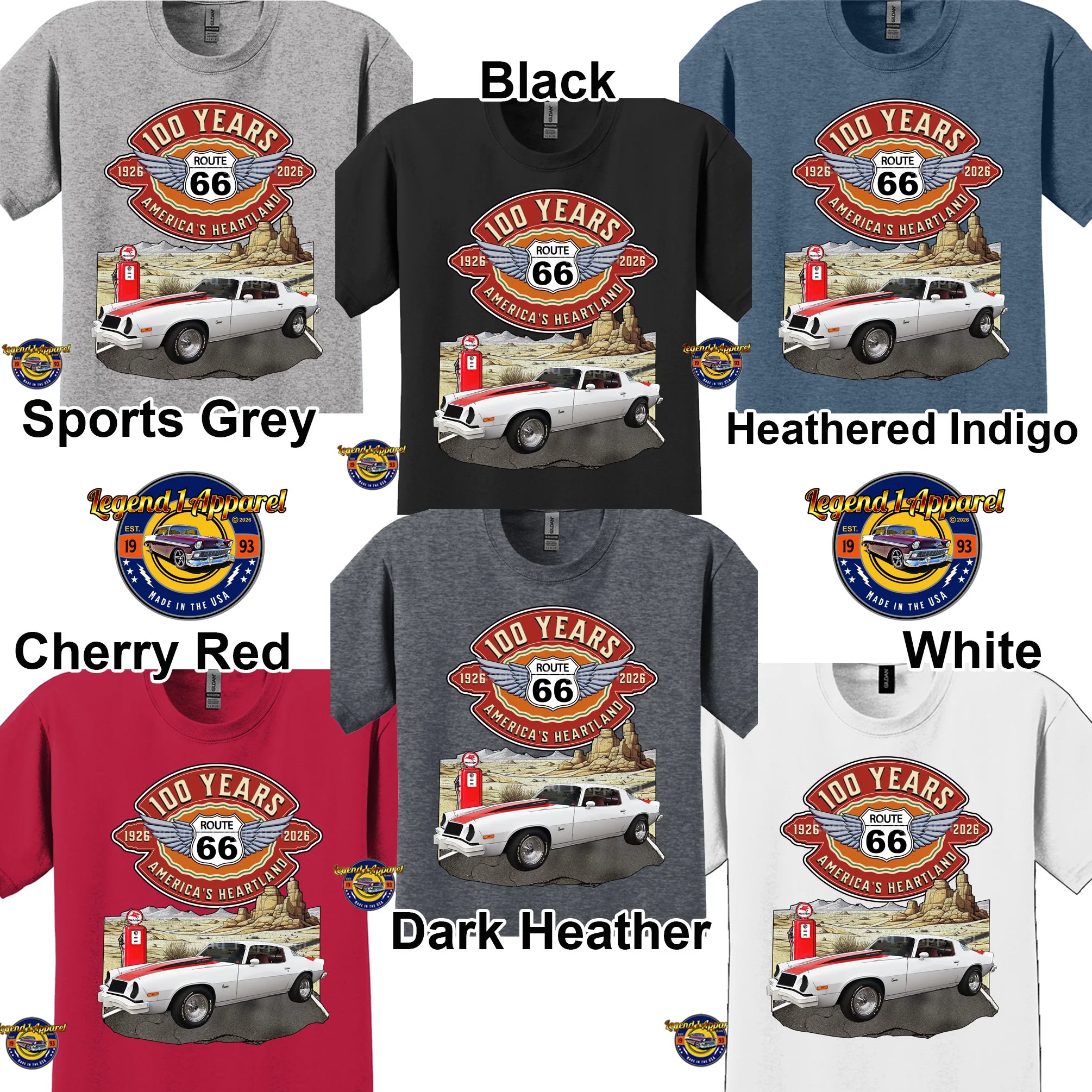1976 Chevrolet Camaro Classic Car Graphic Tee – Route 66 100 Years T-Shirt