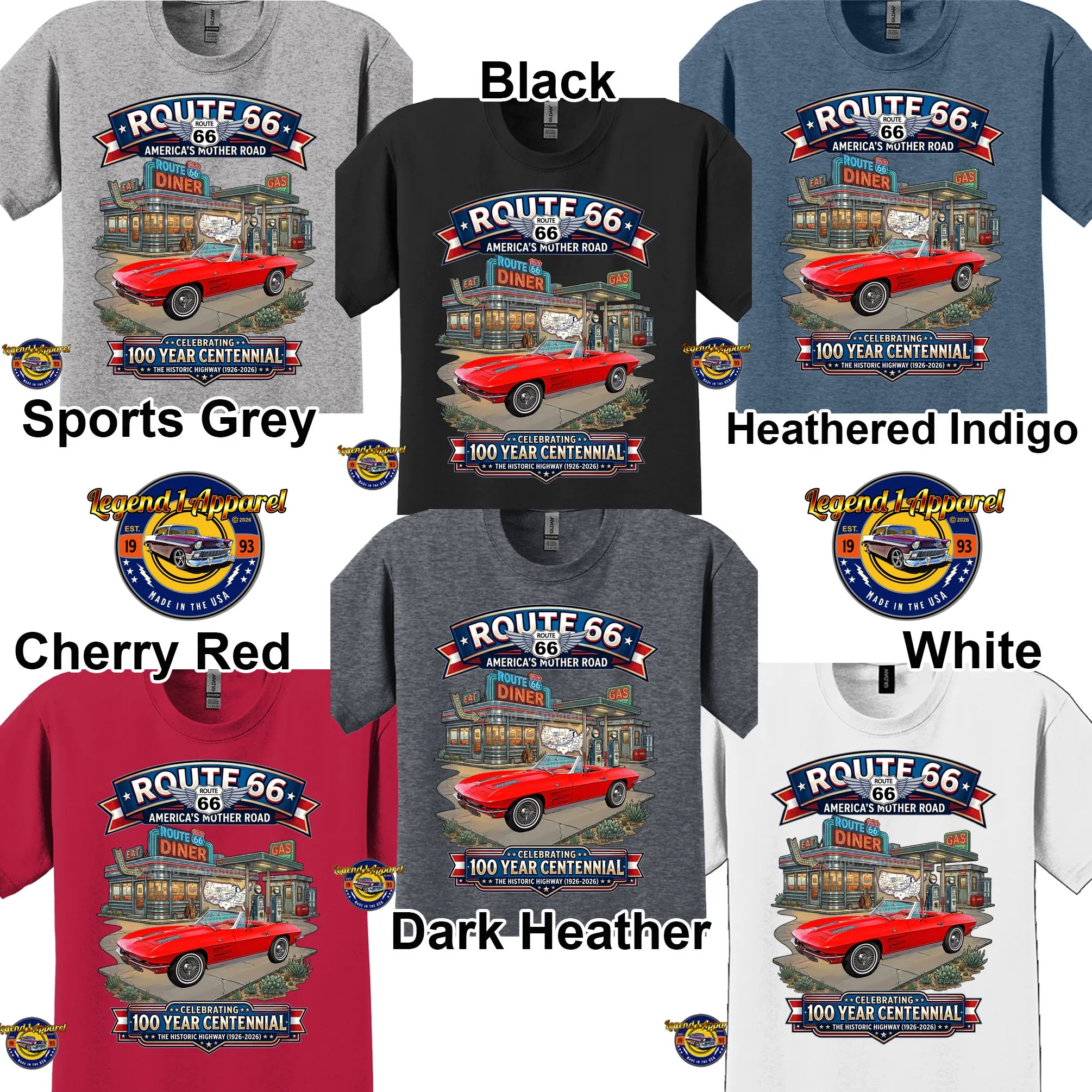 1963 Chevrolet Corvette C2 Classic Car Graphic Tee – Route 66 Centennial T-Shirt