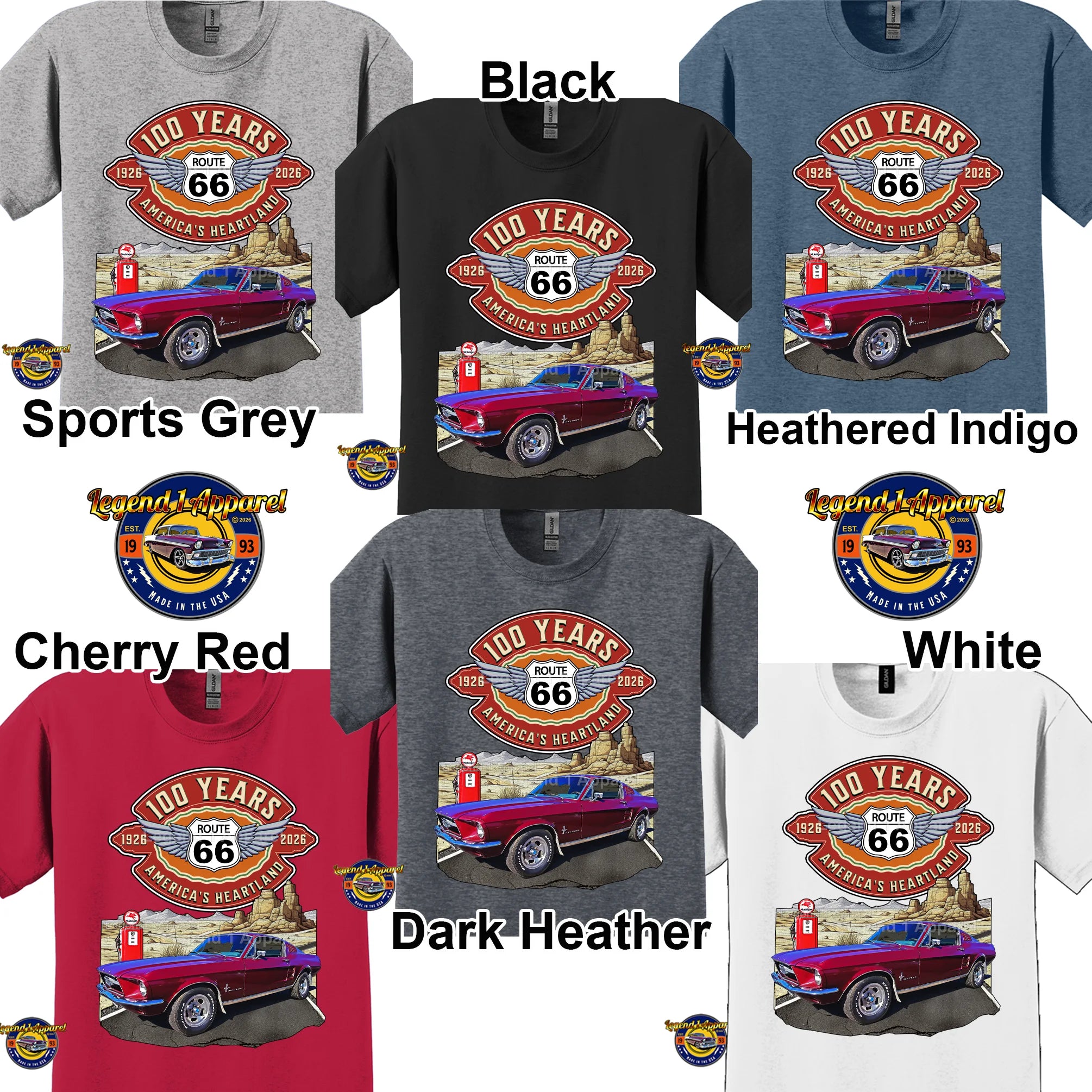 1967 Ford Mustang Fastback Classic Car Graphic Tee – Route 66 100 Years T-Shirt