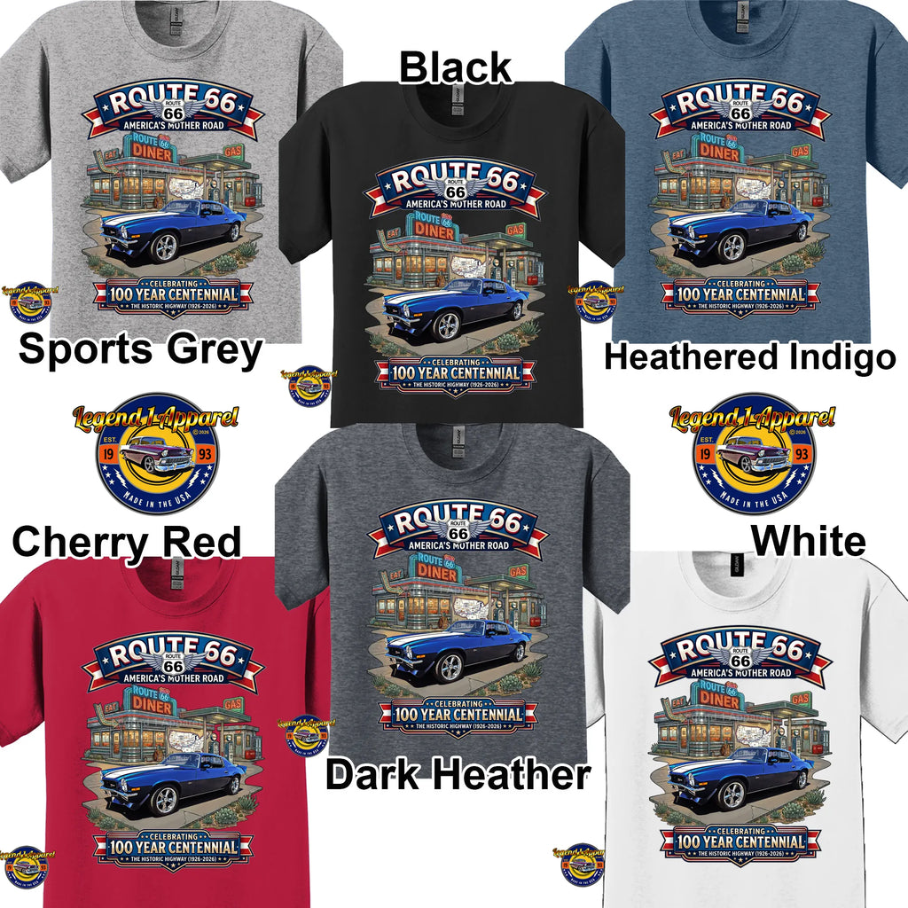 1973 Chevrolet Camaro Classic Car Graphic Tee – Route 66 Centennial T-Shirt