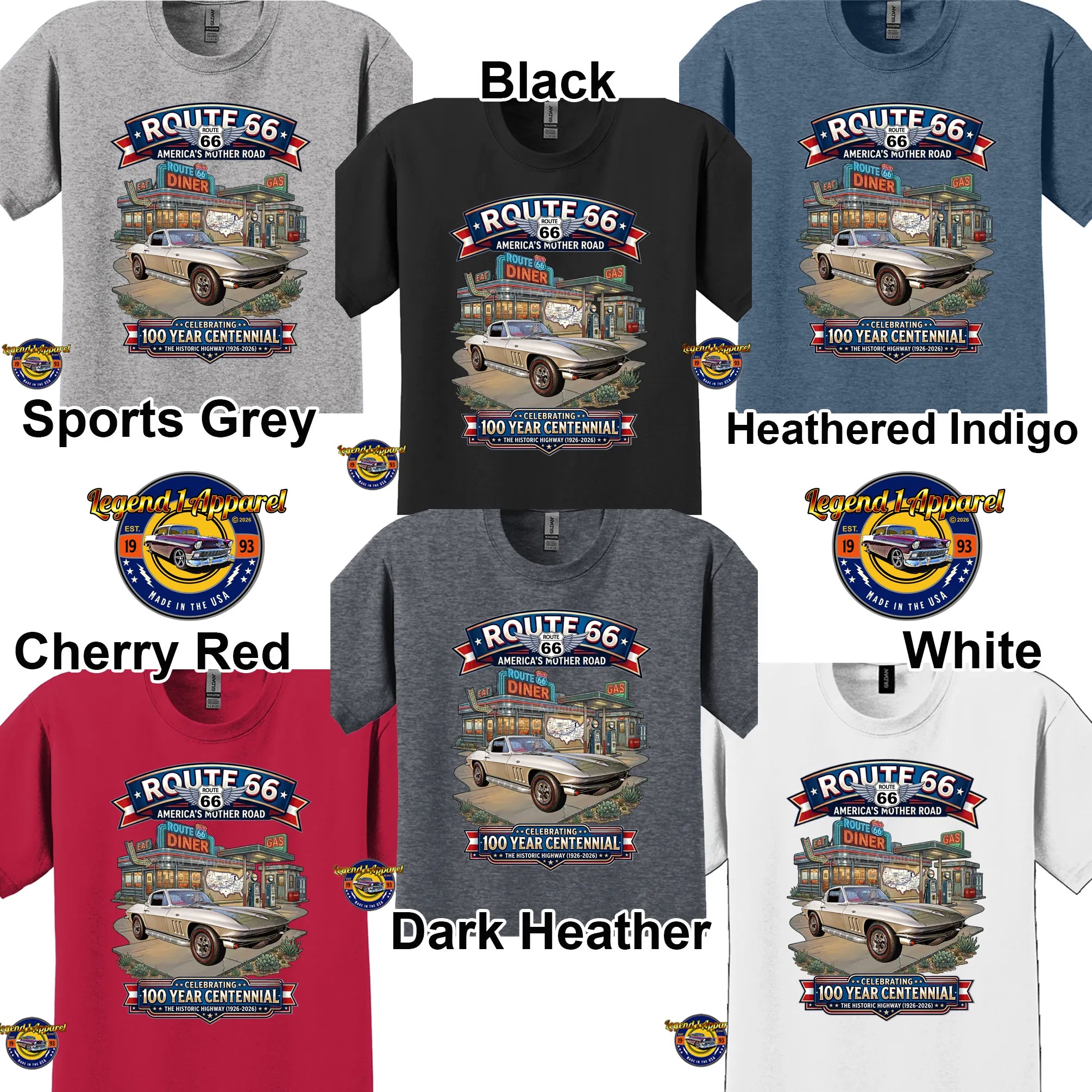 1965 Chevrolet Corvette C2 Classic Car Graphic Tee – Route 66 Centennial T-Shirt