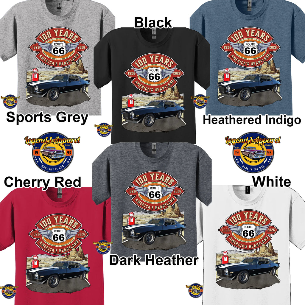 1973 Chevrolet Camaro Classic Car Graphic Tee – Route 66 100 Years T-Shirt