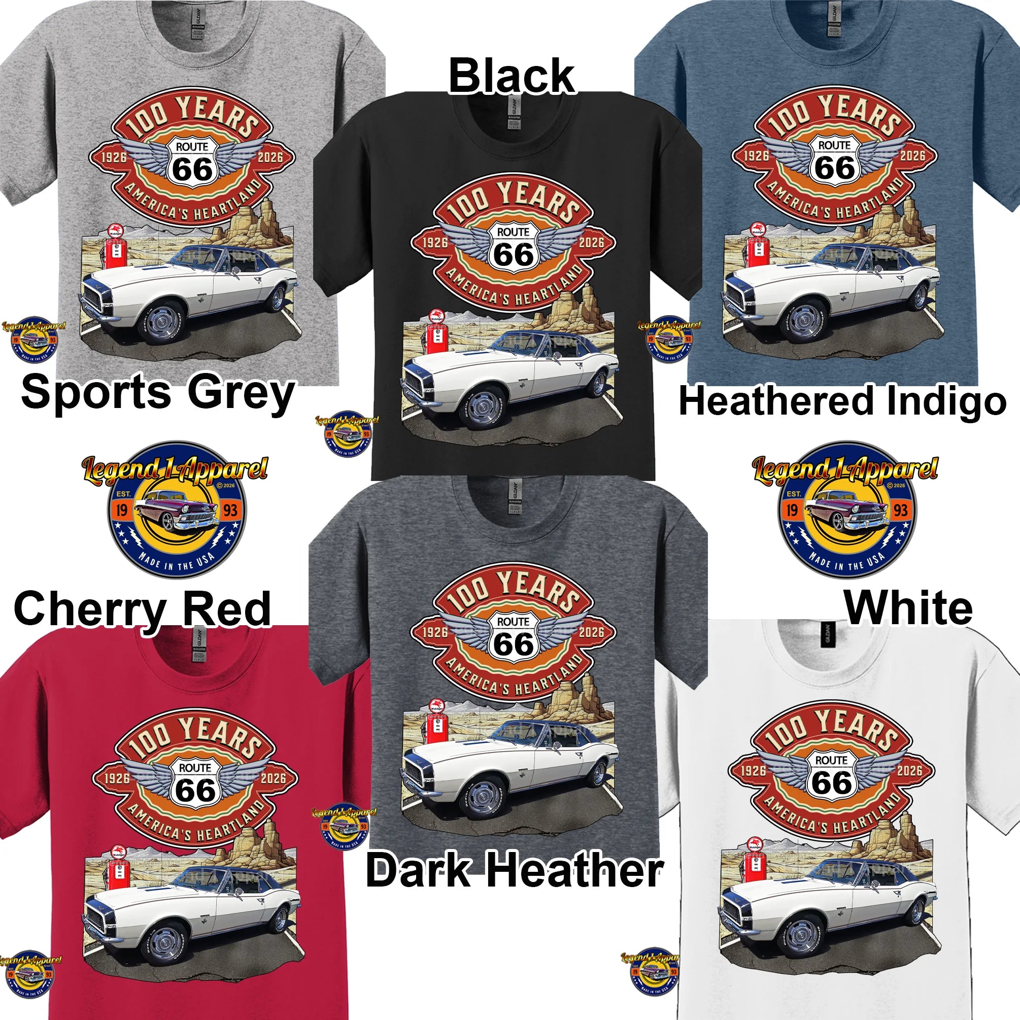 1967 Chevrolet Camaro Classic Car Graphic Tee – Route 66 100 Years T-Shirt