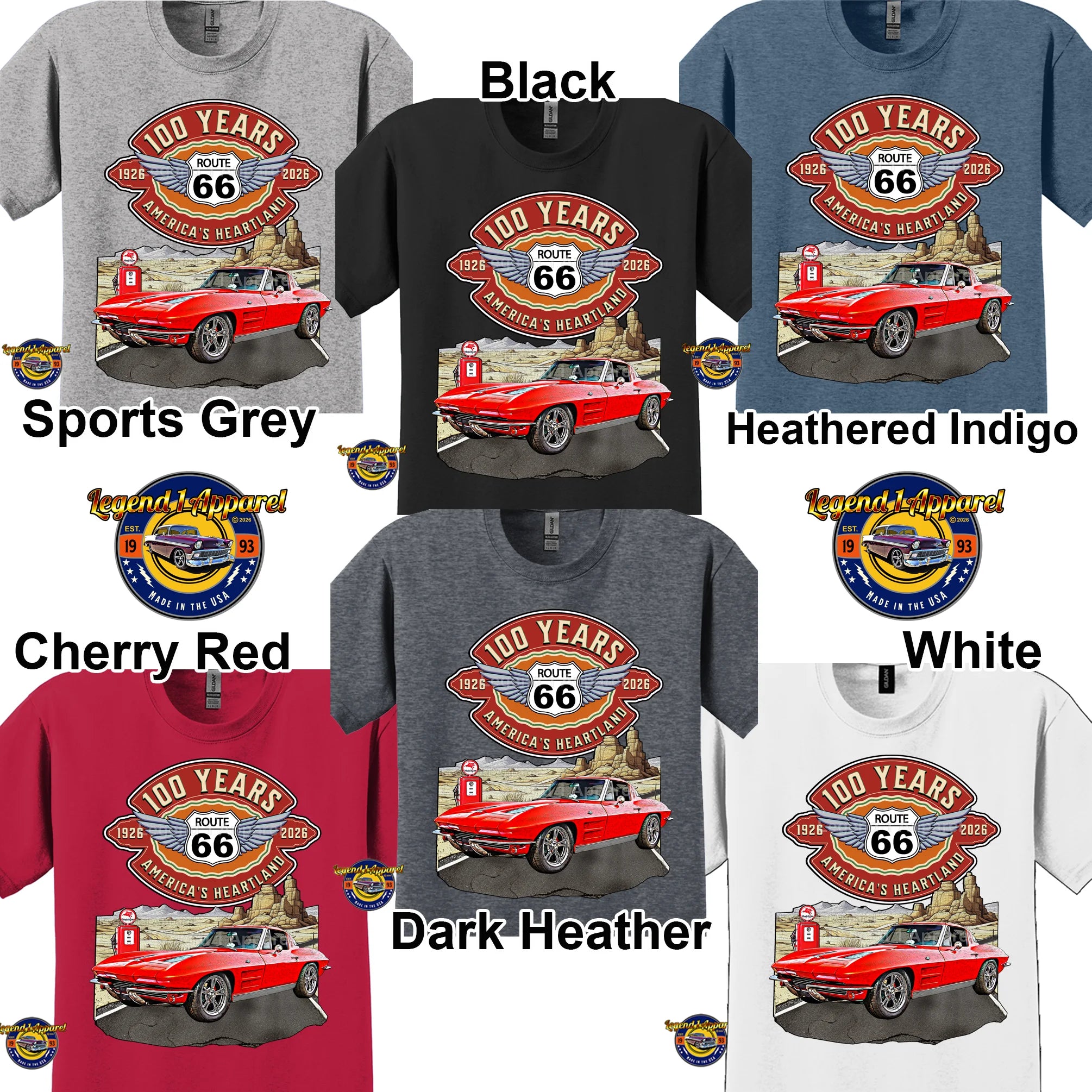 1963 Chevrolet Corvette C2 Classic Car Graphic Tee – Route 66 100 Years T-Shirt