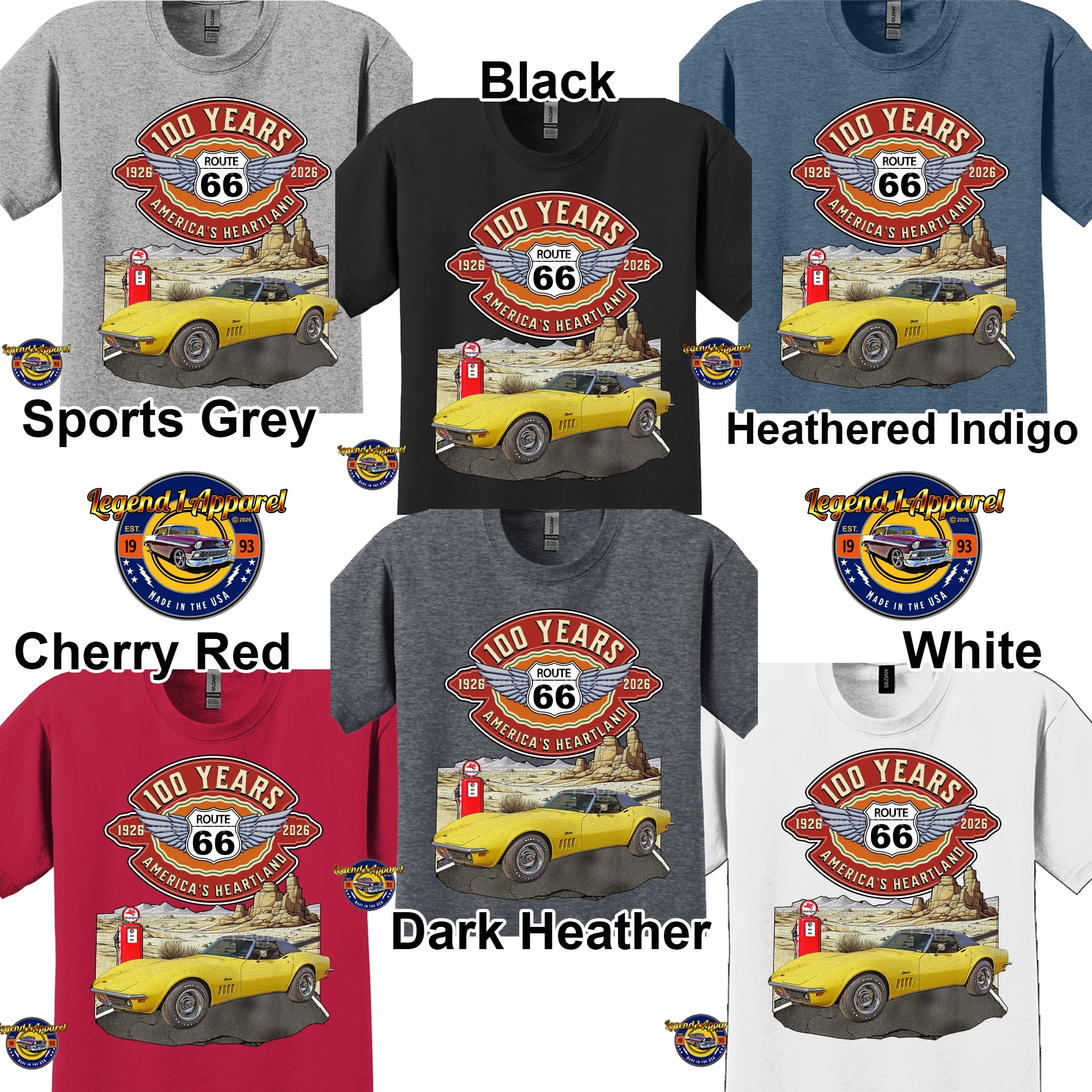 1969 Chevrolet Corvette C3 Classic Car Graphic Tee – Route 66 100 Years T-Shirt
