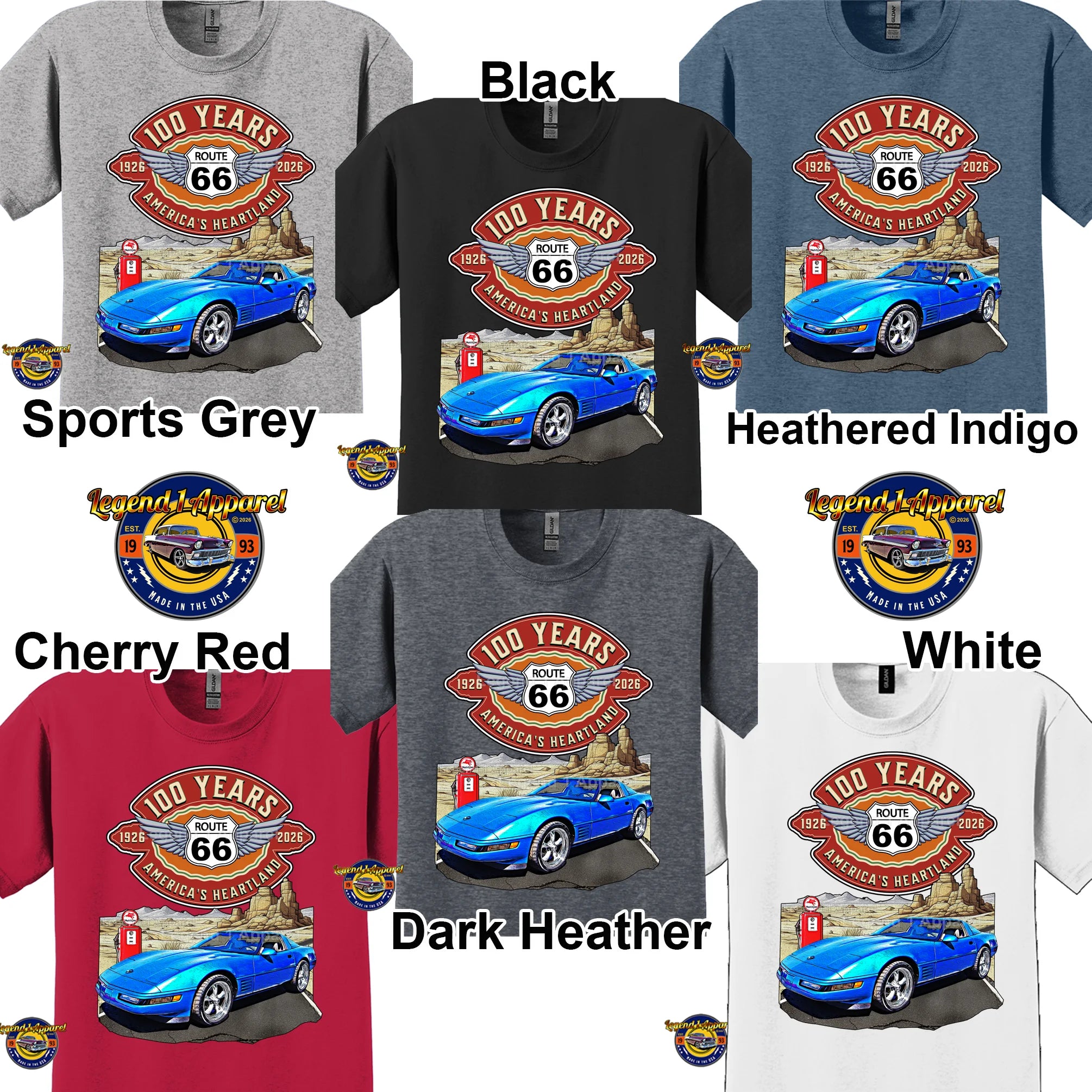1992 Chevrolet Corvette C4 Classic Car Graphic Tee – Route 66 100 Years T-Shirt