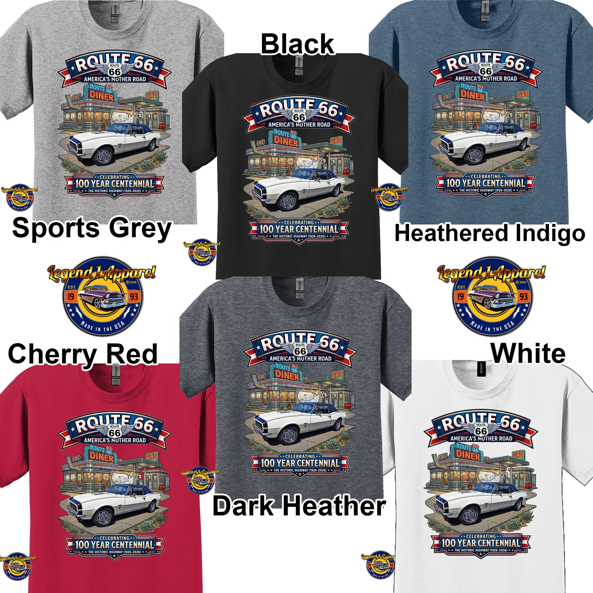 1967 Chevrolet Camaro Classic Car Graphic Tee – Route 66 Centennial T-Shirt