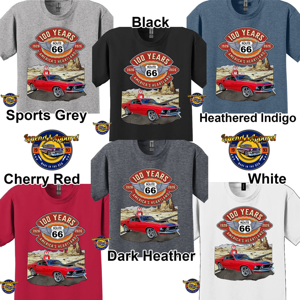 1969 Ford Mustang Fastback Classic Car Graphic Tee – Route 66 100 Years T-Shirt