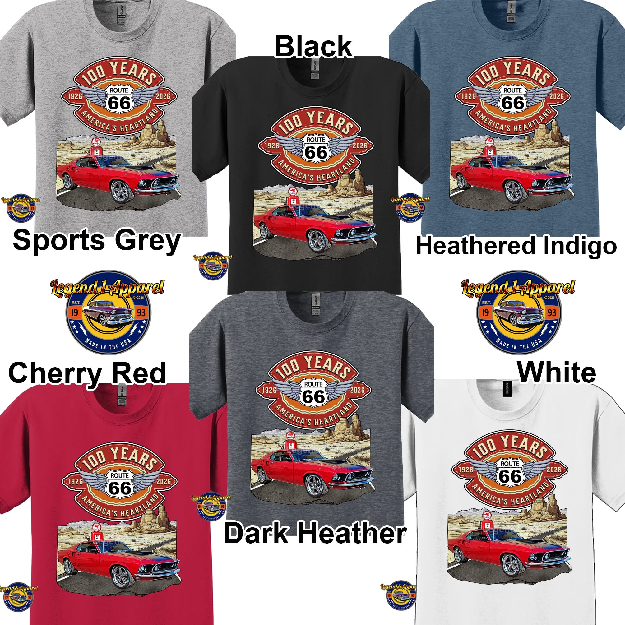 1969 Ford Mustang Fastback Classic Car Graphic Tee – Route 66 100 Years T-Shirt