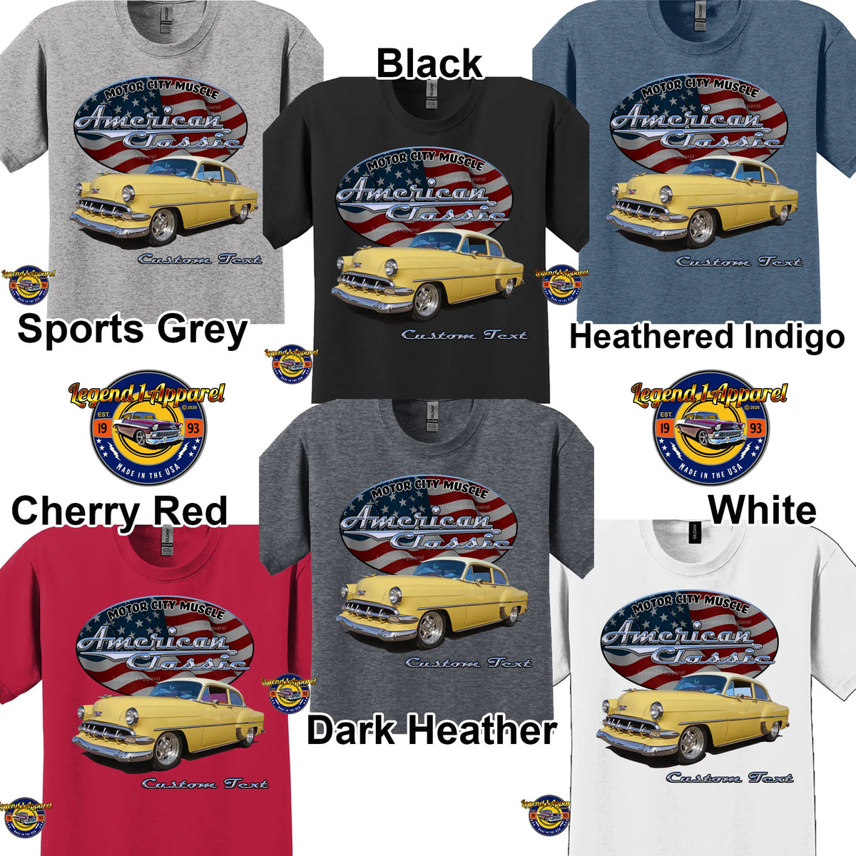 Your Classic Car or Hot Rod custom made T-shirt. Send us a picture of your car. American Classic Background