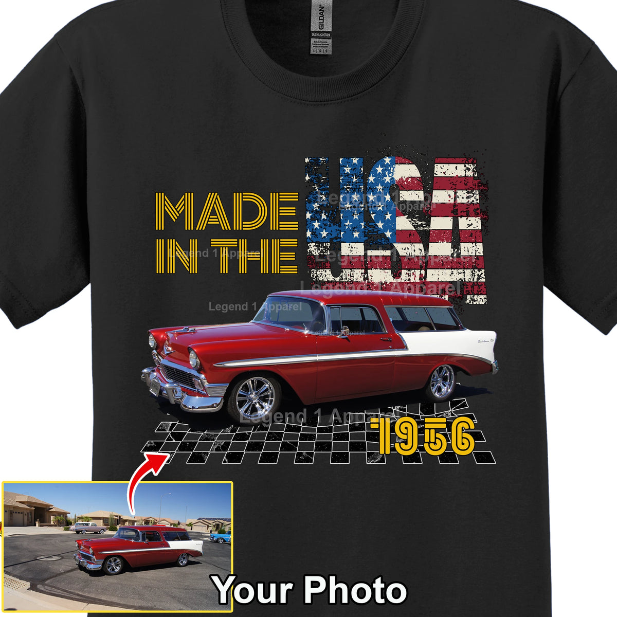 Your Classic Car or Hot Rod custom made T-shirt. Send us a picture of your car, Made In The USA