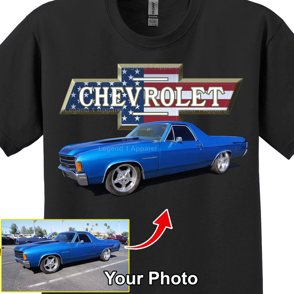 Your Classic Car or Hot Rod custom made T-shirt. Send us a picture of your car. Chevy Patriotic Bowtie