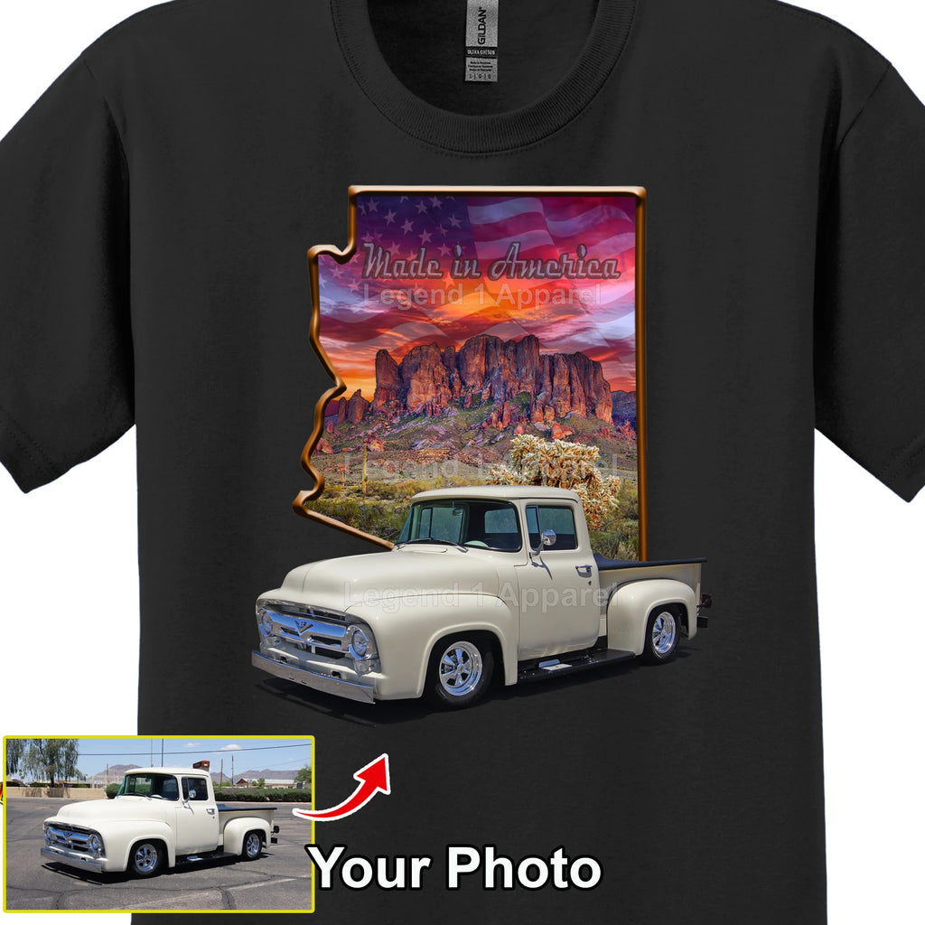Your Classic Car or Hot Rod custom made T-shirt. Send us a picture of your car. Made in America Arizona Outline